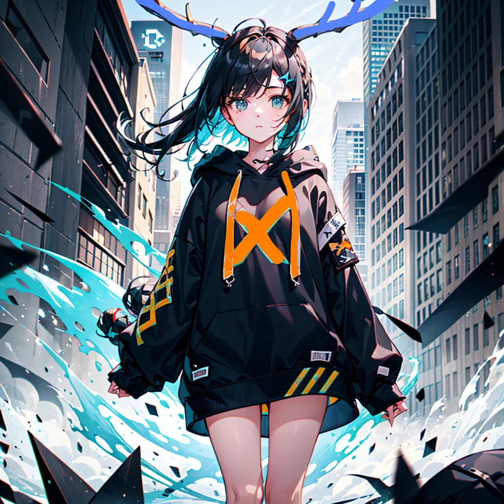 A teenage girl，There are blue antlers on the head，quadratic element，Black hoodie，Black color hair，Black-orange color scheme