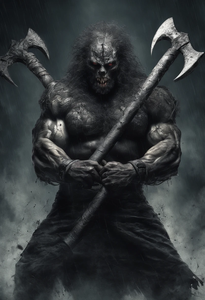 barbado, Muscular man with three eyes, holding a giant axe and with three eyes shining with magical power