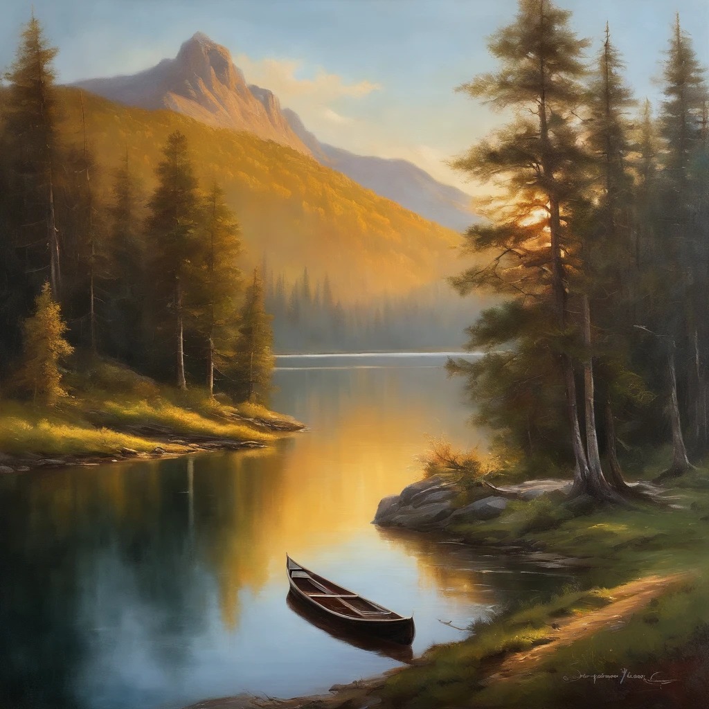 (a complex landscape,boat and a valley),oil painting,wild and rugged mountains,serene lake reflection,tall and majestic pine trees,glowing golden sunlight,soft and gentle waves,lush greenery,peaceful atmosphere,subtle mist and fog,meticulously painted details,impressive sense of scale,imposing mountain range,stunning color palette,striking contrasts,sublime natural beauty,captivating and immersive scene,tranquil and serene ambiance,hint of mystery and adventure,exquisite brushwork,dramatic depth and perspective,expertly captured textures,engaging and captivating composition,skillful use of light and shadow,seamless blending of colors,evocative and awe-inspiring creation,harmony between natural elements and human intervention