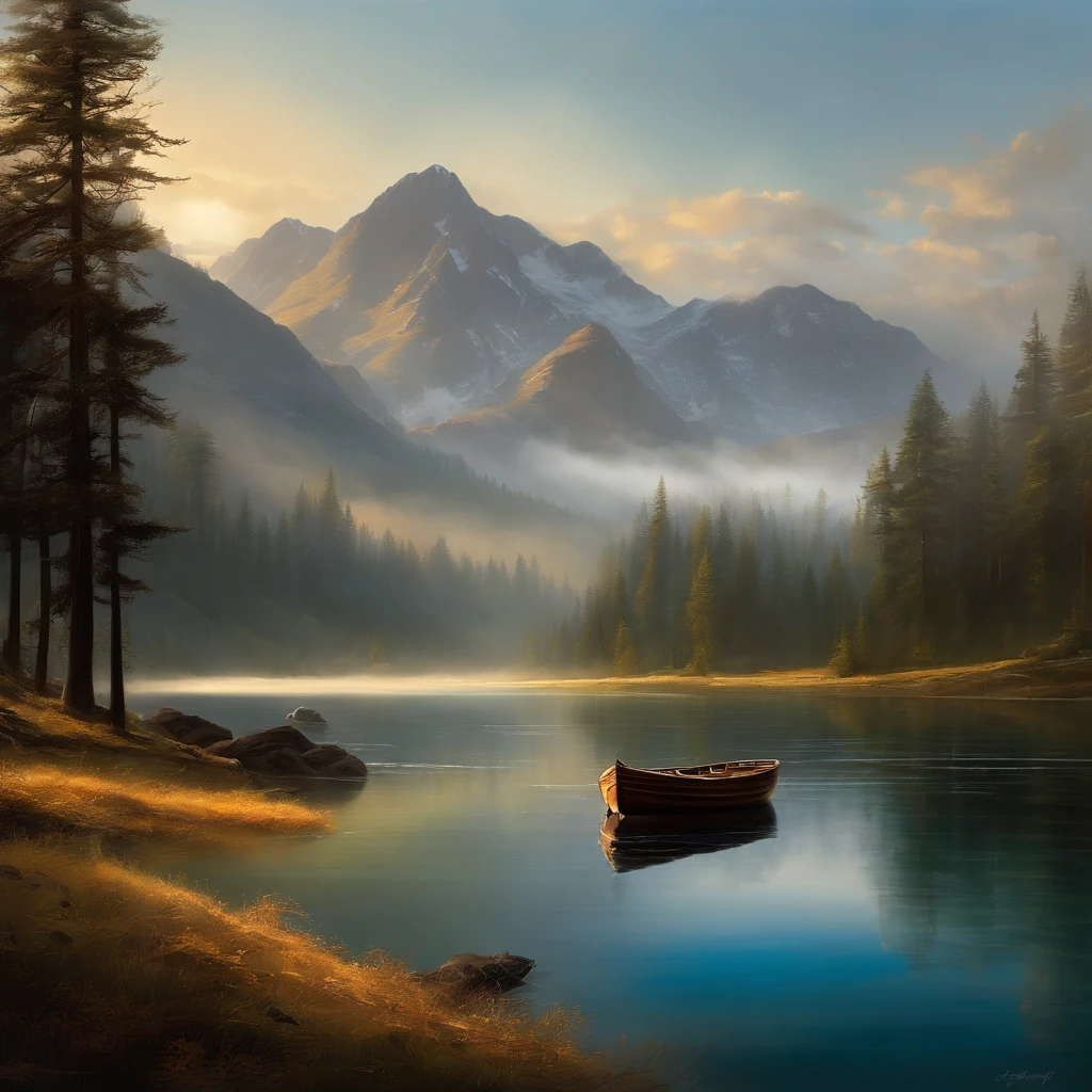 (a complex landscape,boat and a valley),oil painting,wild and rugged mountains,serene lake reflection,tall and majestic pine trees,glowing golden sunlight,soft and gentle waves,lush greenery,peaceful atmosphere,subtle mist and fog,meticulously painted details,impressive sense of scale,imposing mountain range,stunning color palette,striking contrasts,sublime natural beauty,captivating and immersive scene,tranquil and serene ambiance,hint of mystery and adventure,exquisite brushwork,dramatic depth and perspective,expertly captured textures,engaging and captivating composition,skillful use of light and shadow,seamless blending of colors,evocative and awe-inspiring creation,harmony between natural elements and human intervention