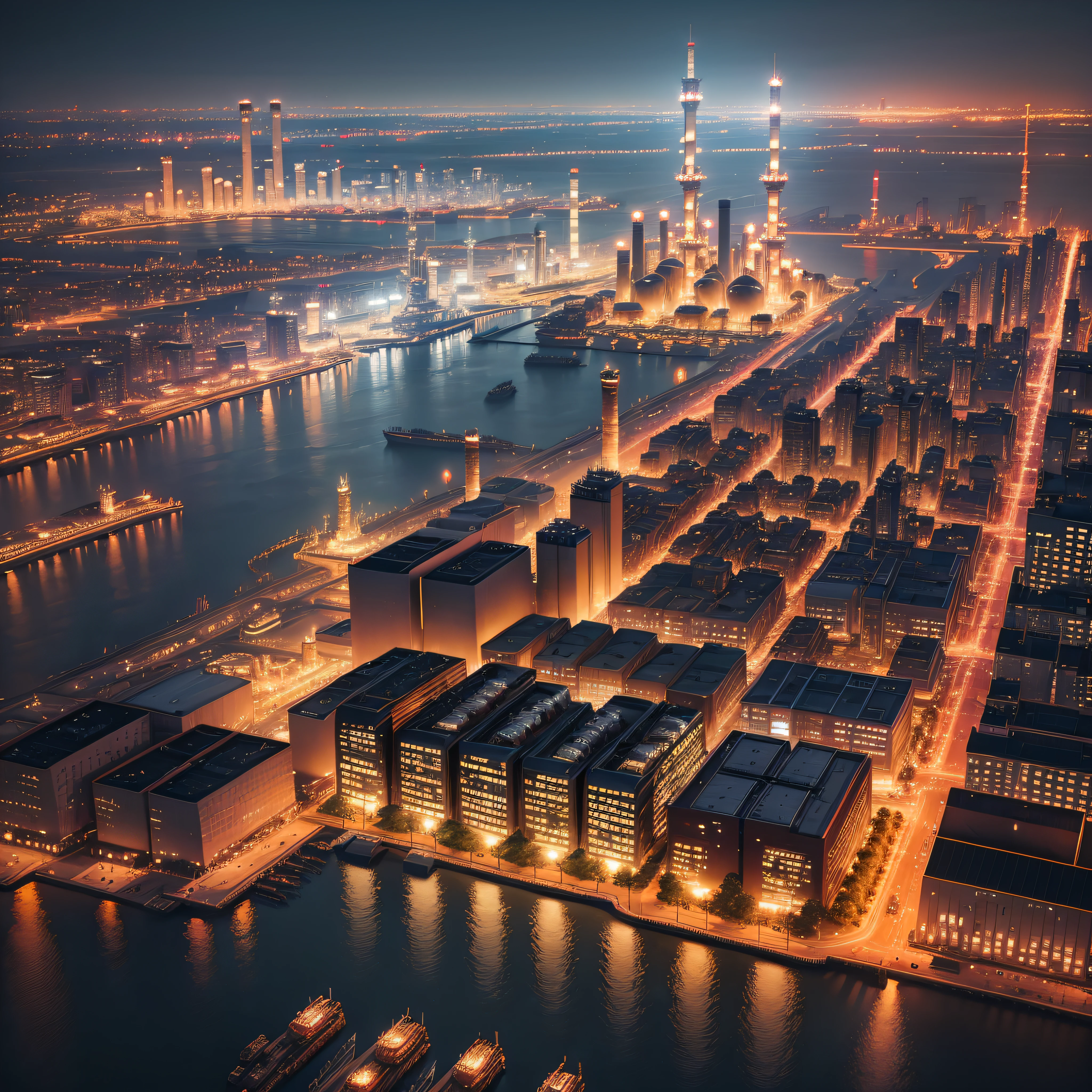 Arafed view of a city at night with a river and a bridge - SeaArt AI