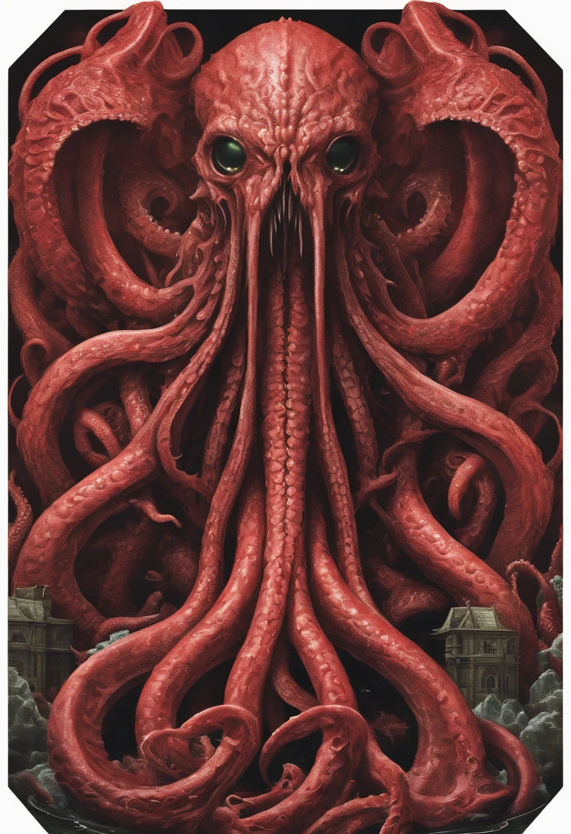 a cube-shaped monster, isometric, Cthulhu Mythos,tentacles, teeth, flesh texture, Specialized in surrealism, Futuristic , coral, wizard, abstracted, Dark, Red, hell,