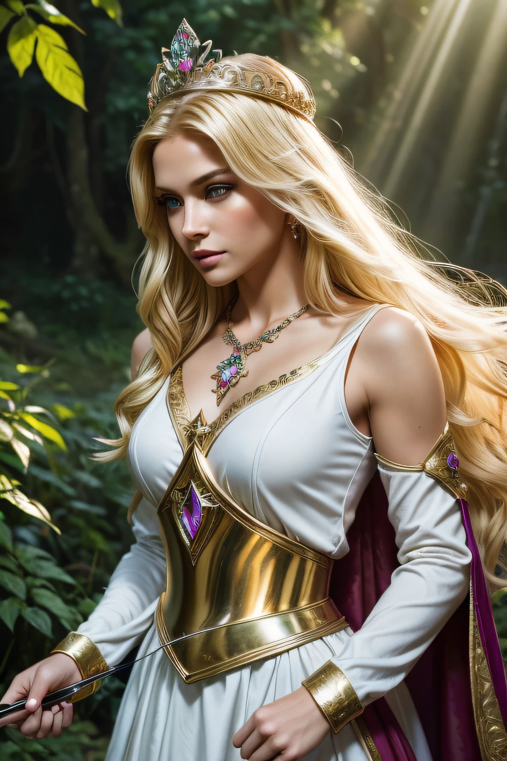 (best quality,highres),(realistic:1.37),beautiful princess,blonde,long hair,90s style,powerful sword,powerful bow and arrow,Sheera,picturesque princess,adventurous scene,detailed armor,royal attire,confident expression,heroic pose,epic background,powerful,graceful,portraits,vibrant colors,strong lighting,soft sunlight,romantic atmosphere,dreamlike scenery,feminine charm,fantasy princess,brave and fearless,enchanted forest,vivid greenery,sun rays filtering through leaves,magical vibes,regal crown,sparkling gemstones,ethereal beauty,noble spirit,glowing aura