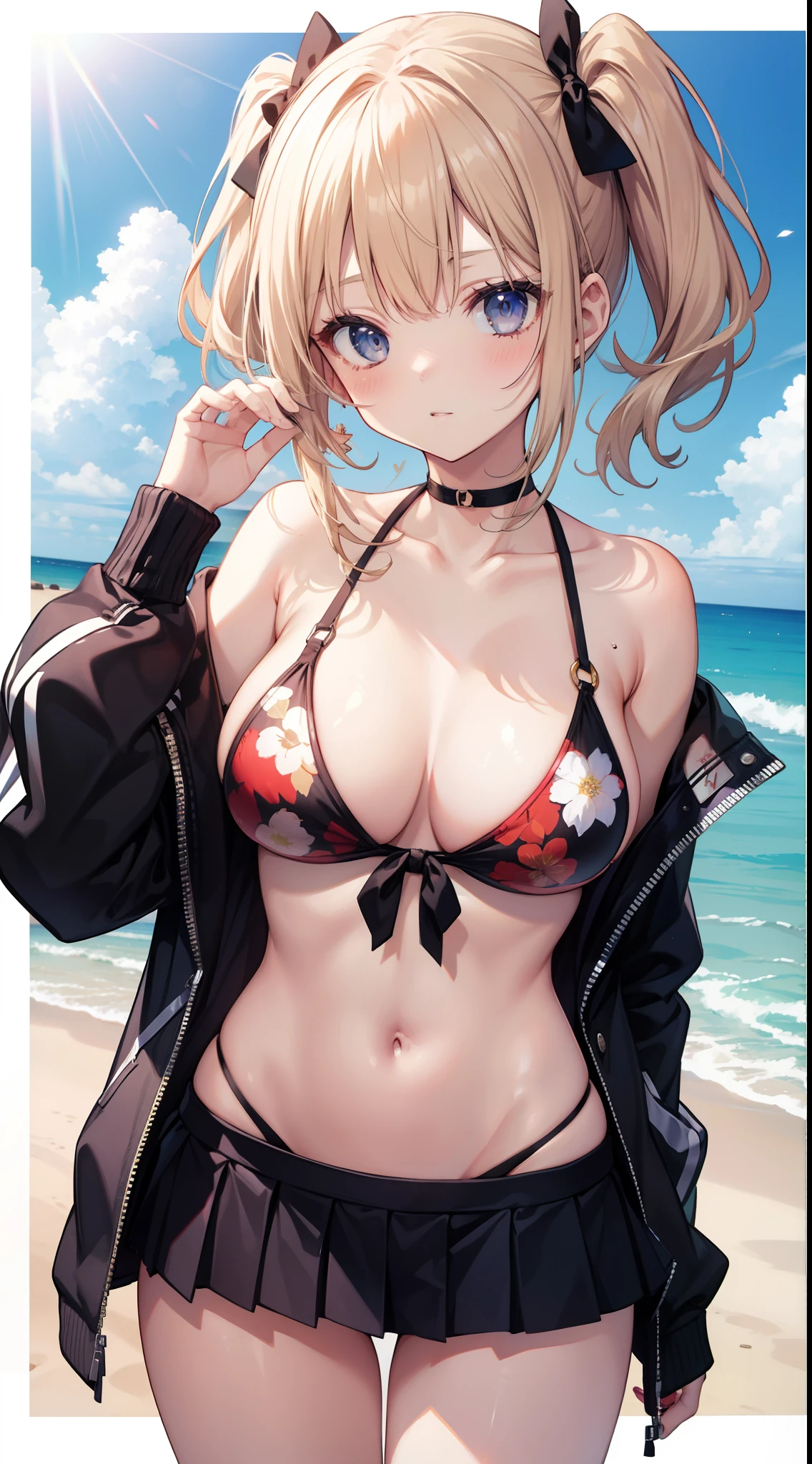 masutepiece、hight resolution、1a person々Cute Girl、hi-school girl、Floral Bikini、large full breasts、cowboy shot、