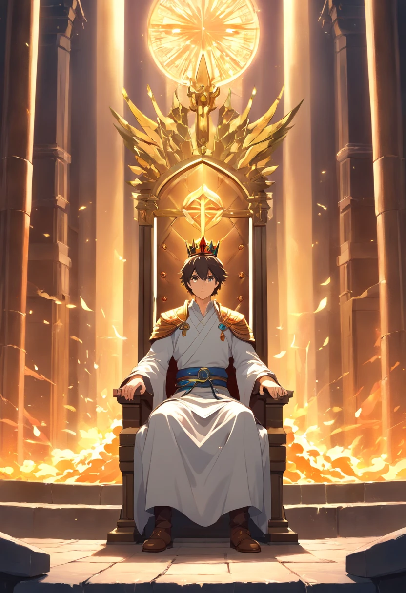 Kindly, Generate an image of an imposing man wearing a crown on his head, Sitting authoritatively on a special throne，This throne is located in the center of the radiant cross. He wears a white cloak，Flow around him, Adding a touch of mystery to his figure. In one of your hands, He was holding a sword that looked majestic。. The whole scene takes place during the day, The cobblestone streets cast deep shadows. Around the throne, 火焰, Crackling flashes;, Cast an evil light around you.  His glow disturbed the whole scene。Around the throne，There are 8 Valkyries with different looks and figures，The combination of daylight and flame creates dramatic contrasts, Revealing the details of the throne, 。.3D,