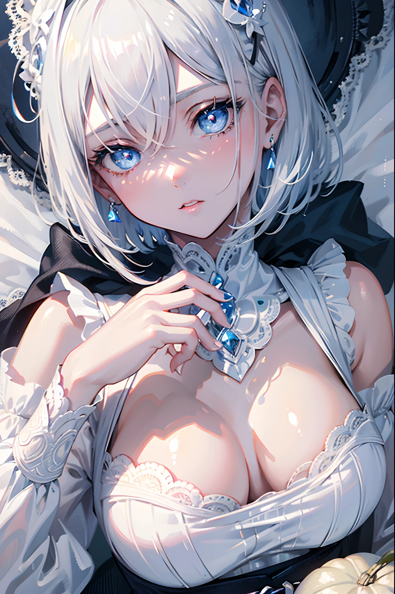 s girl short silver hair blue eyess White lace dress Halloween Eating pumpkin cake masterpiece Top image quality Clear cinematic shadow Increased attractiveness of the eyes Clear the shine of the eyes Draw eyelashes neatly Perfect Eye A detailed eye Sharpen image quality Sharpen eye writing Clear eye shape