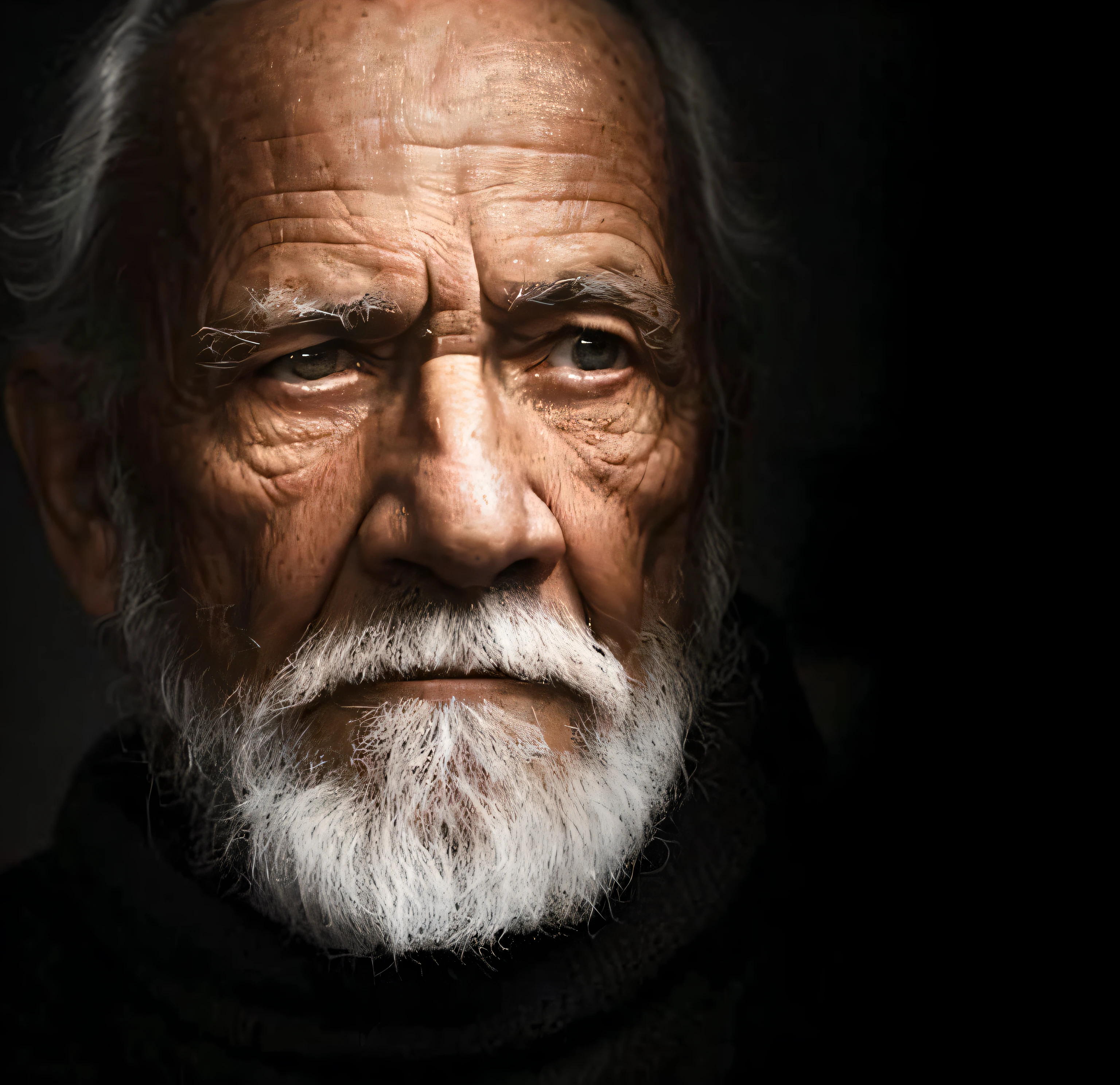 um velho com barba branca e uma camisola preta de gola alta, foto do retrato de um homem velho, retrato do homem velho, um homem de 80 anos, freudiano, Wise old man, retrato impressionante, um velho, macho velho, O olhar de um idoso, Retrato de um homem velho