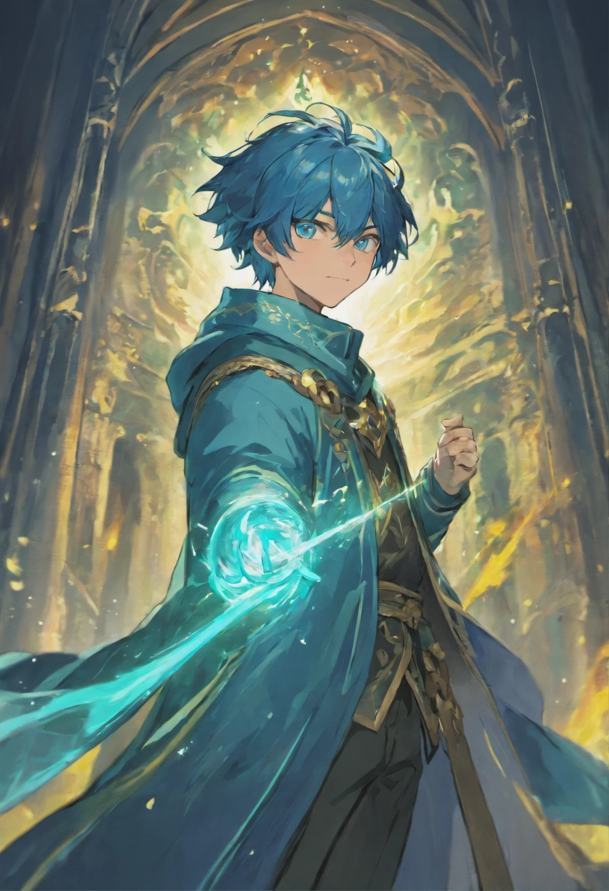 Handsome male, muscular, blue hair, green eyes, fantasy setting, robes, wizard staff, smile
