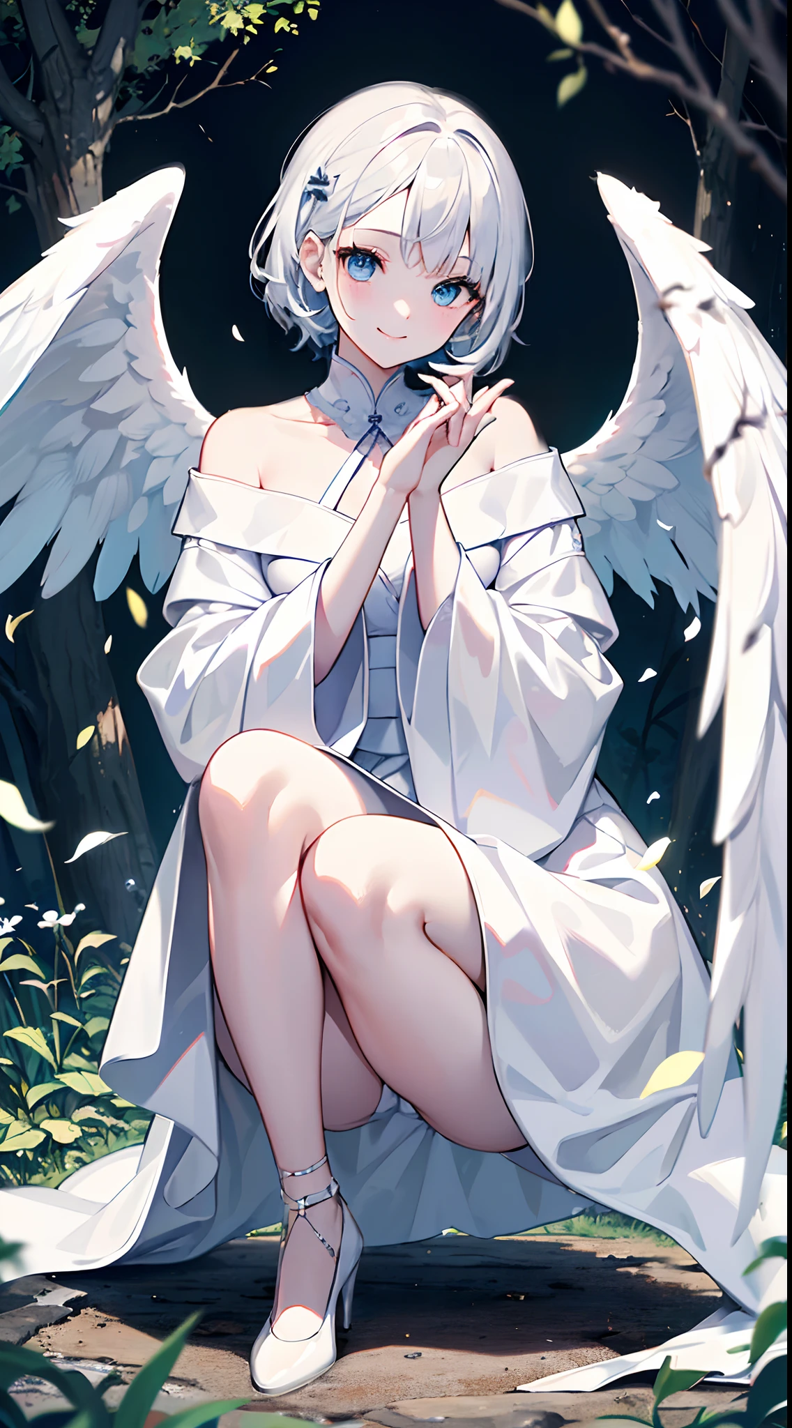 ((8K、high-level image quality、Master Pieces))full bodyesbian、1人の女性、medium hair、White hair、Light blue eyes、A slight smil、Circle of angels on the head、White off-shoulder、Sheer sleeves、White open skirt、White High Heels、the angel's wings、squatting、in woods