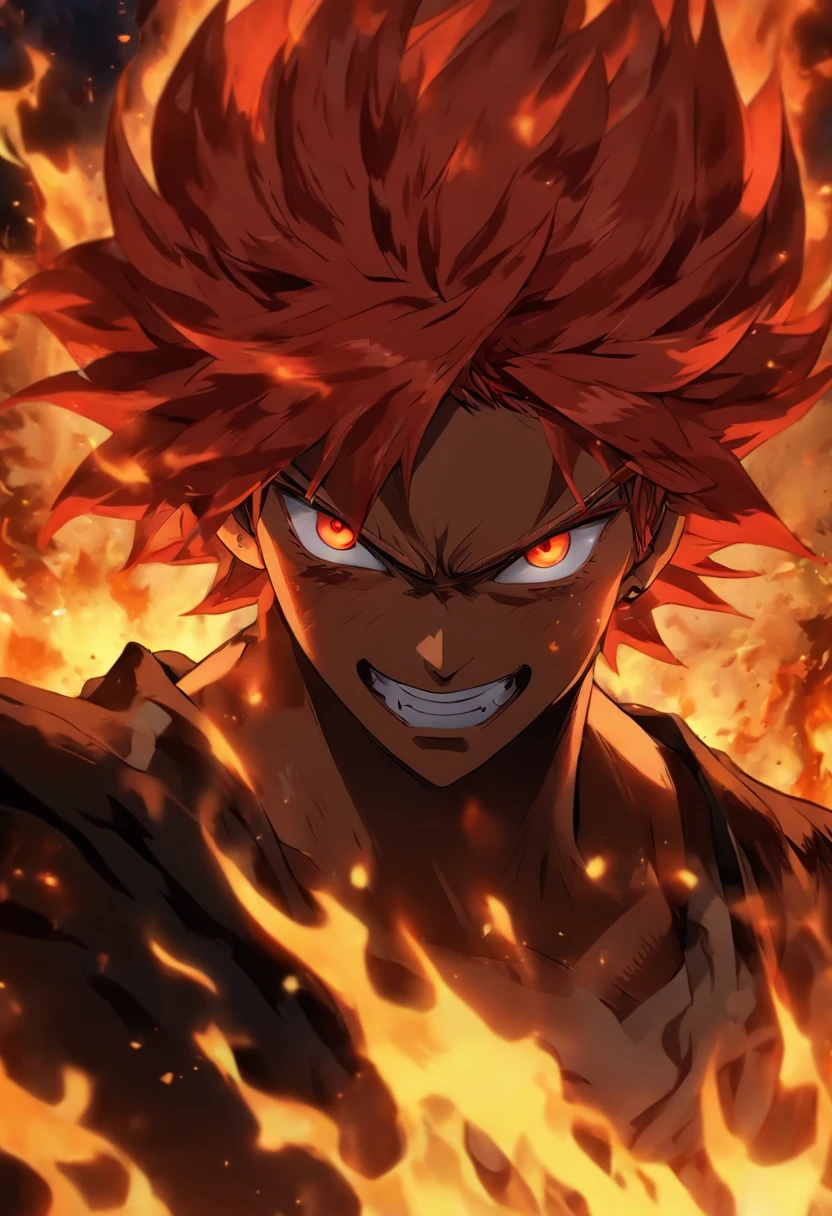 Anime character with red hair and red eyes staring at camera, an anime drawing by Shingei, Tumbler, shin hanga, roguish smirk, Portrait of Hisoka Hunter Hunter, Screenshots of Black Clover, handsome guy in demon slayer art, orange - haired anime boy,Murata Art Style, kentaro miura art style, 8K! Red hair , Red Eyes , Flame of Anger ,