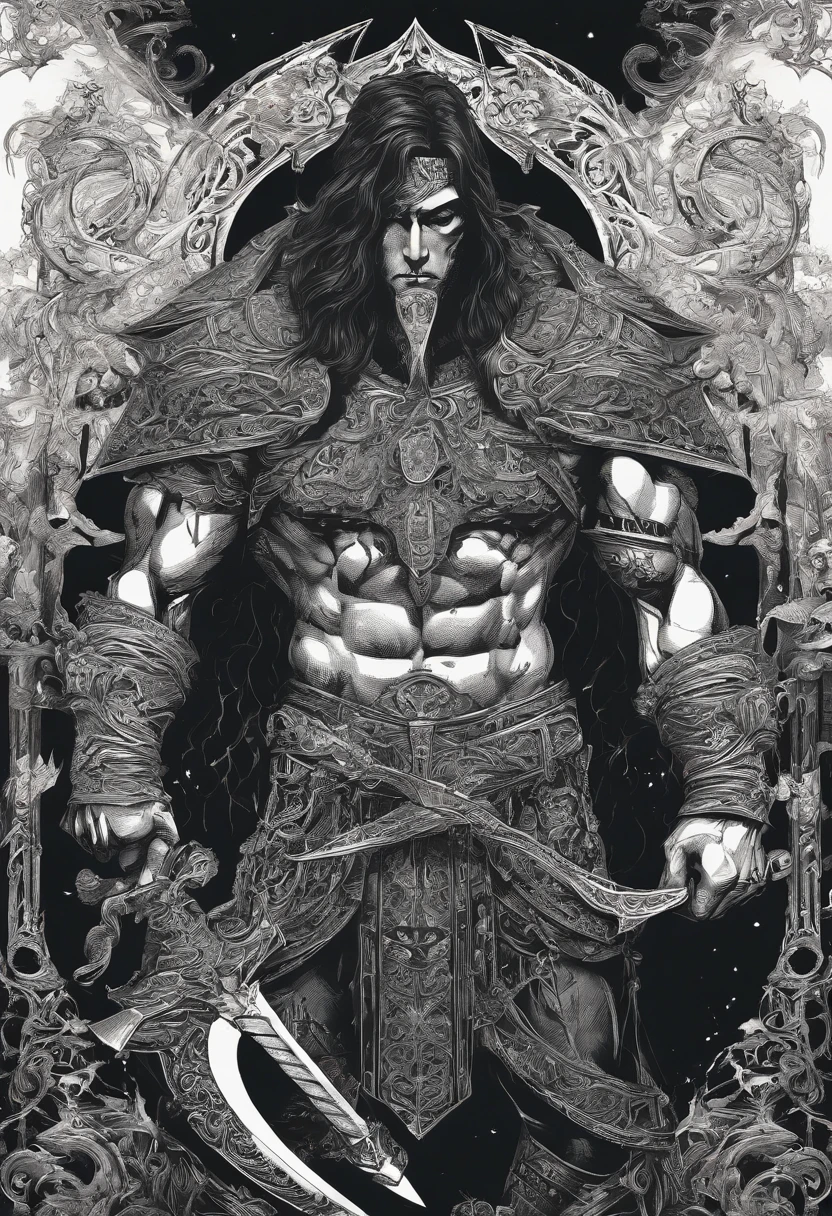 barbado, Muscular man with three eyes, holding a giant axe and with three eyes shining with magical power