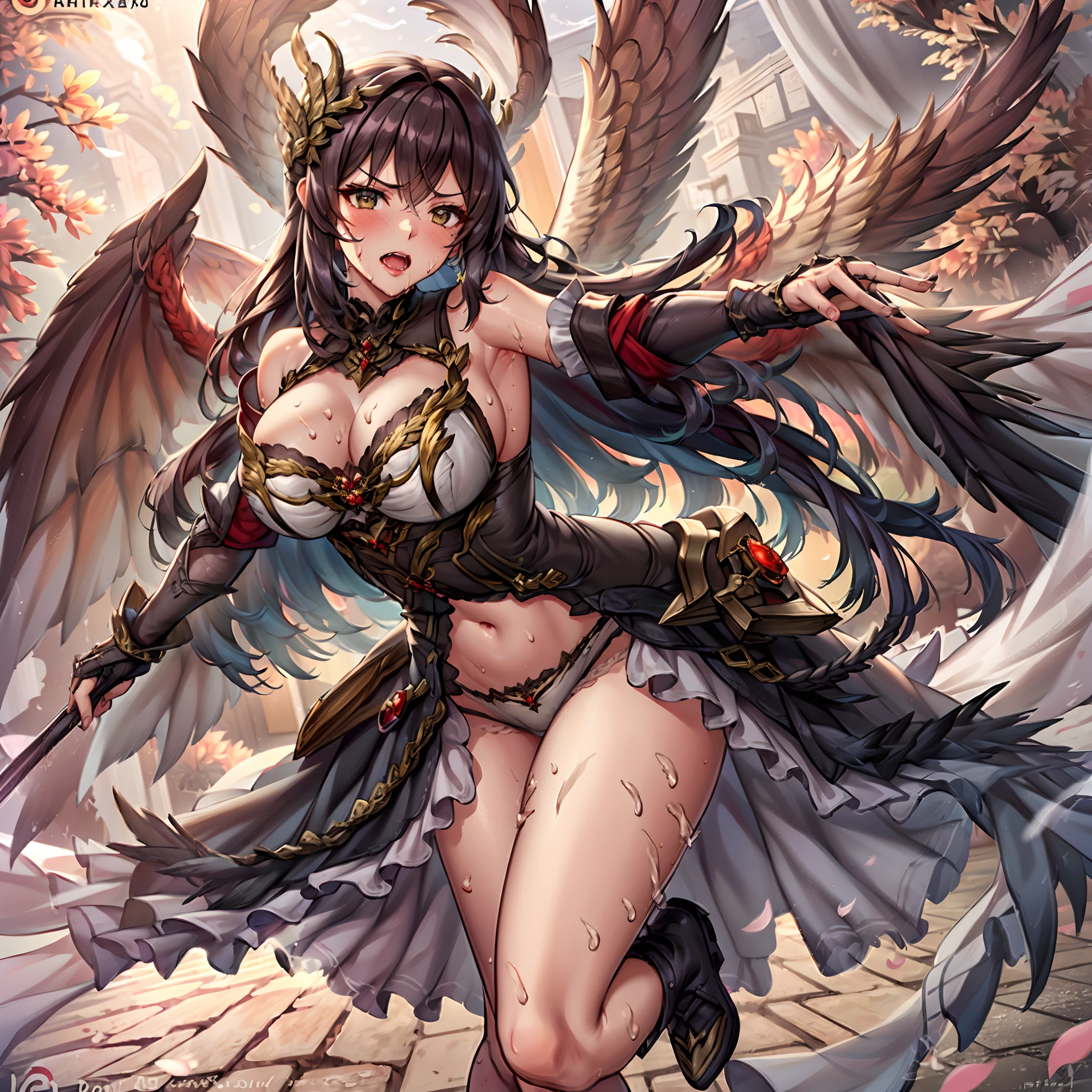 1 woman, spreading her wings, wearing a coat of white feathers,,,,,,,,,, Wings full of the back, Radiant Hello, long hair flowing, Mechanical wings dancing delicately at the waist, Medium Figure, Sunken navel, curtains of white feathers on the pelvis move slightly,,,,,,,,,, Mini wings scattered on the body, multiple wings with a yellow sheen,,,,,,,,, Soft yellow fire between the wings.（（Super best quality））， （（A very masterpiece））， （（super detailing：1.4））， （（hyper realistic lifelike 3d））， Dragon Warrior Girl， Mechanical body， Dynamic action poses in battle scenes， Mechanical weapons of very complex and heavy fighters， Off-the-shoulder fashion that blends dense and complex steampunk with dense gothic ta， Complex steampunk headgear， very thin long legs， Mechanical boots above the knee， Fluttering lace flared mini skirt， beautiful small breasts directed upwards，Somewhat long, Vertical curly silver hair fluttering in the wind，Countless shining large spheres flying around，Many sparks cross and fly，Countless neon signs rained down from magic-evoking gestures，Steampunk Factory，Complex and precise mechanical ruins，Very dark night background，Very dramatic and cinematic lighting。1((Yaristocratic maid woman)((Black ruffled maid outfit with luxurious embroidery))((Heavy drool))((Very angry look))((red blush))((Painful and troubled face))((The face of suffering and perseverance))((Heavy sweat on the face,)((Heavy sweat spreading all over the body)))Girl with a troubled face、nightcity、Sateen、Kimono without sleeves、A dark-haired、Holding a weapon with blood on it、Looking at the camera、Cherry blossoms are dancing，Unusually resistant、red blush、shrine maiden、valkyrie、Angel wings、a navel、sideboob barbosa、with an intricate、Particles of light、thighs thighs thighs thighs、shinny skin、Perfect litthing、1girl in、looking at the viewers、Winged headgear、pelvis curtain、A smile、(​masterpiece)、(top-quality)、tiny chest、Porcelain Skin、Very long hair、hair wavy、Royal sister，femele，A queen，putt