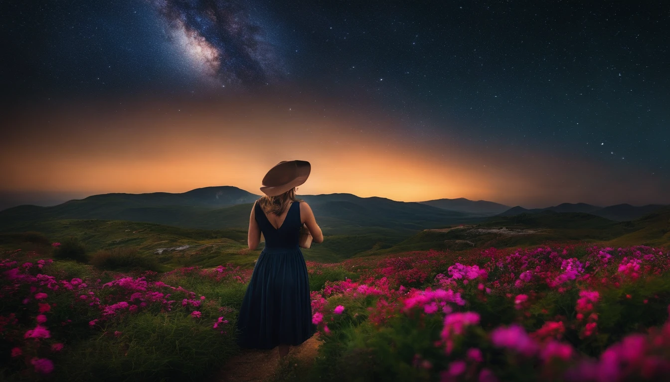 Paisagem 4k, Estrelas bonitas no fundo, parece um sonho, sky looking extremely beautiful, Ultra resolution, perfect lighting, dark space, space photo, extremamente bonito, Mundo de fantasia, Girl standing on flowers, looking at the sky, dark vibes, Perfect color classification