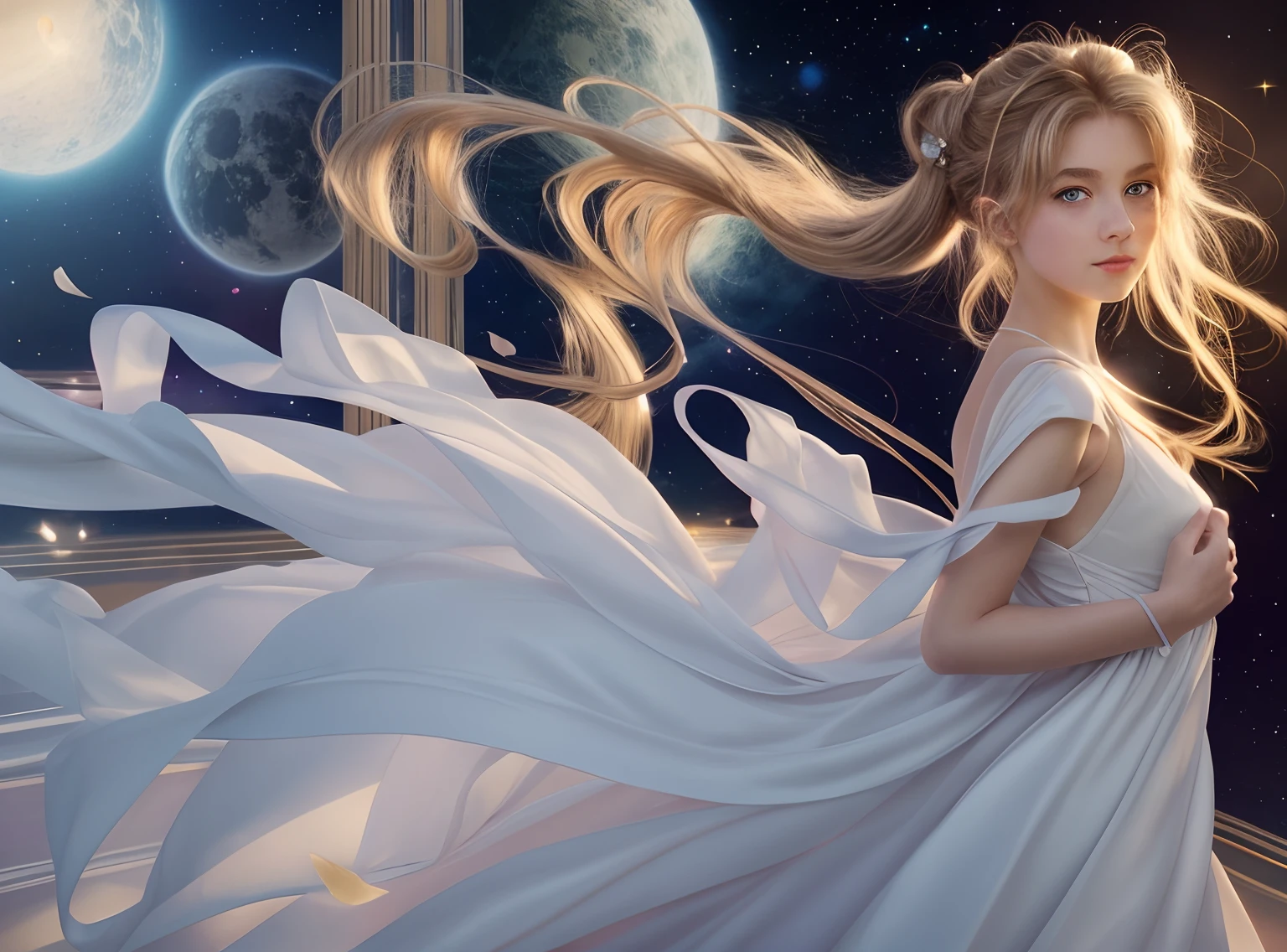 High resolution, realistic. Sailor Moon, Masterpiece, side view. beautiful young girl, 1girl, big blue eyes, , beautiful face, detailed face, delicate nose, (beautiful nose), small nose, delicate lips, delicate lips, long blond hair, straight hair, bands. Hair bun twice, Perfect hands. Hair blowing in the air. Wearing a delicate white dress. Perfect dress. Shadows, Dress blowing in the air. Illuminated by multicolor aura. Cosmic landscape.