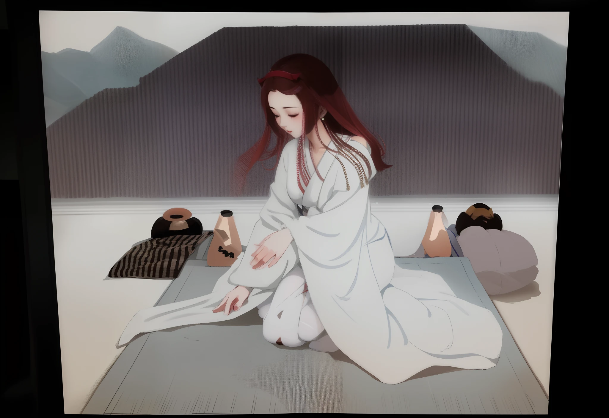 anime scene of a woman sitting on a mat with a man laying on the ground, flowing hair and long robes, flowing white robes, beautiful depiction, utamaro kitagawa style, inspired by Otake Chikuha, sui ishida art manga, soft anime illustration, inspired by Nishikawa Sukenobu, by Kusumi Morikage