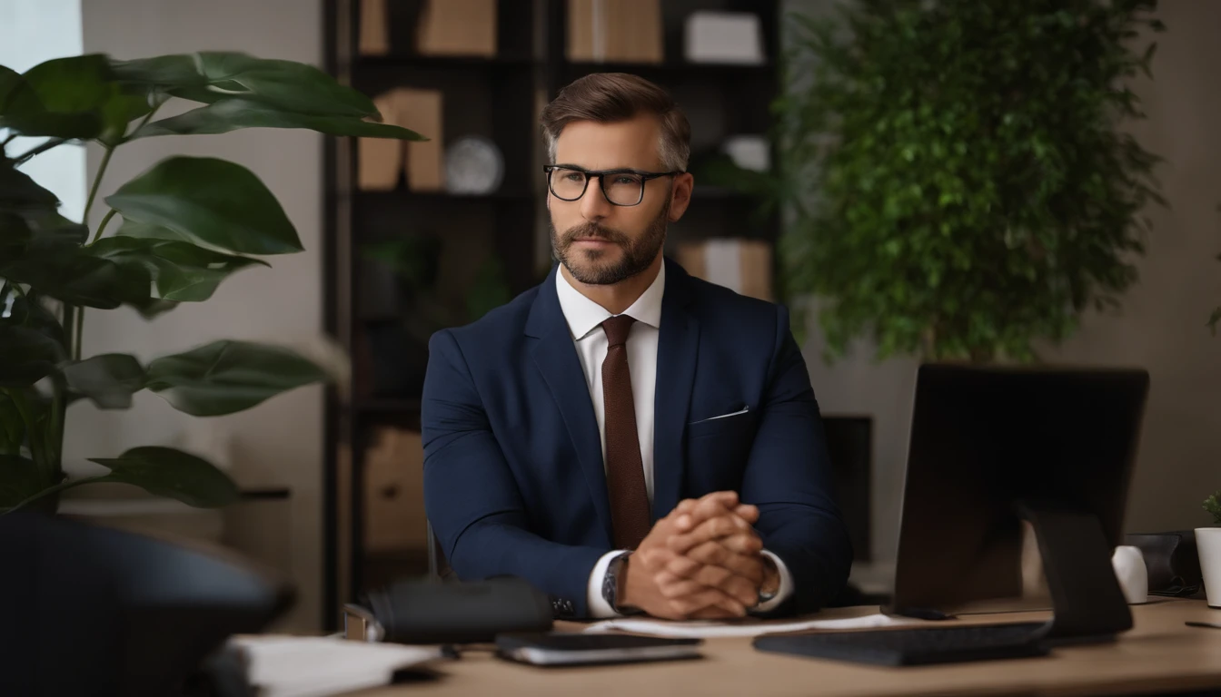 A psychologist in the office. jovem barbudo malhado definido e atraente sentado e olhando para frente serenamente,barba bem cuidada,serene facial expression,eyeglass,Bifocals,wise and experienced,poltrona de couro,Estante ao fundo,Cozy and professional office environment,office,calm and peaceful atmosphere,Traje profissional,Professionalism and experience,tranquilo e sereno,compreensivo,plantas decorativas no peitoril da janela,paleta de cores neutras,tons suaves