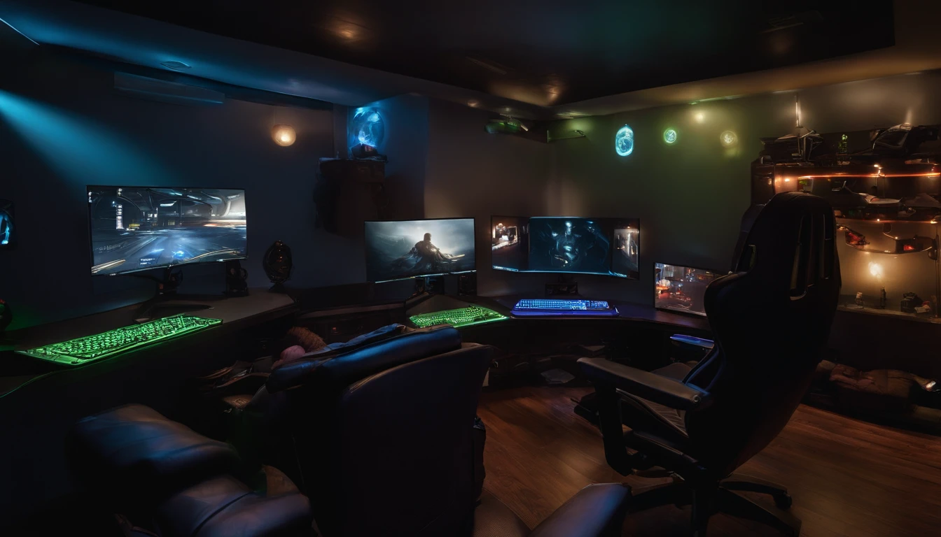 Gaming room, men sitting in gaming chair, watching videos, table full of gaming pcs, perfect lights, dark space, dream looking