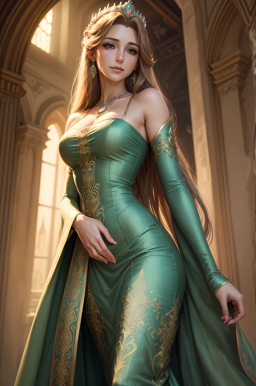 (highres, ultra-detailed, realistic:1.37), aerith, final fantasy, beautiful body, beautiful detailed eyes, detail-oriented nose, luscious lips, long flowing hair, radiant smile, elegant crown, royal attire, intricate jewelry, graceful pose, enchanting expression, majestic castle in the background, vibrant colors, soft lighting, regal atmosphere, atmospheric perspective, stunning landscape, floating clouds, magical aura, timeless beauty, intricate patterns, ethereal ambiance, striking contrast, dreamlike quality, cinematic composition, green dress