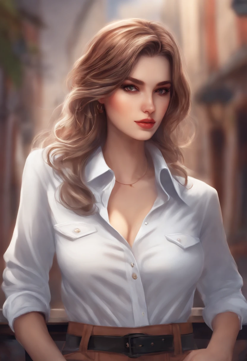 1girl, pelirrojo grande, ojos azules, con camisa blanca lisa, pantalones cortos de mezclilla, Ciudad, absurdos, high resolusion, ultrasharp, 8k, Obra maestra, Mirando al espectador, sexy, anime