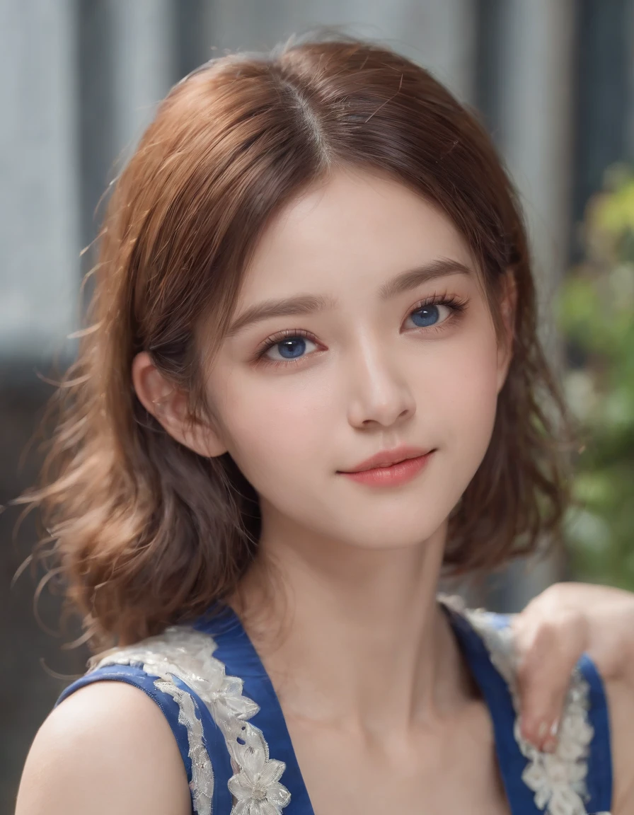 (((Medium Hair))), Best Quality, 8K, nffsw, hight resolution, absurderes:1.2, Blurry background, Bokeh:1.2, Photography, (Raw photo:1.2), (Photorealistic:1.4), (masutepiece:1.3), (Intricate details:1.2), 1girl in, Solo, japanaese girl, Delicate, Beautiful detailed, (Detailed eyes), (detailed facial features), Petite, (((Small breasts))), Skin Tight, (up looking_で_viewer), from a_front, (skinny), (Best Quality:1.4), (超A high resolution:1.2), cinematric light, (Extreme detailed illustration), (lipgloss, Best Quality, 超A high resolution, depth of fields, Caustics, Broad lighting, Natural Shading, 85 mm, F/1.4, ISO 200, 1/160s:0.75),1girl in, Solo, (((Blue vest))) , Smile, School uniform, Necklace,Full body like