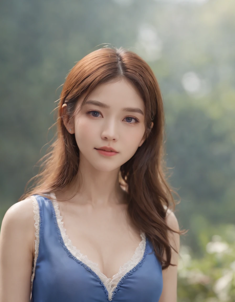(((Medium Hair))), Best Quality, 8K, nffsw, hight resolution, absurderes:1.2, Blurry background, Bokeh:1.2, Photography, (Raw photo:1.2), (Photorealistic:1.4), (masutepiece:1.3), (Intricate details:1.2), 1girl in, Solo, japanaese girl, Delicate, Beautiful detailed, (Detailed eyes), (detailed facial features), Petite, (((Small breasts))), Skin Tight, (up looking_で_viewer), from a_front, (skinny), (Best Quality:1.4), (超A high resolution:1.2), cinematric light, (Extreme detailed illustration), (lipgloss, Best Quality, 超A high resolution, depth of fields, Caustics, Broad lighting, Natural Shading, 85 mm, F/1.4, ISO 200, 1/160s:0.75),1girl in, Solo, (((Blue vest))) , Smile, School uniform, Necklace,Full body like