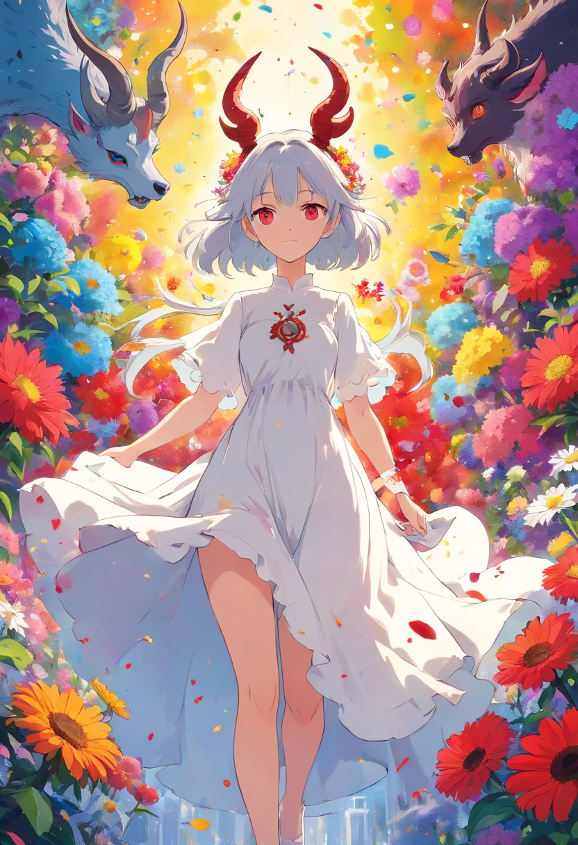 masuter piece、High quality、White Dress、 1 girl in、Colorful ink splattered、Surrounded by many flowers、colourfull、Dynamism、friendly、demonic horns、Red Eyes、