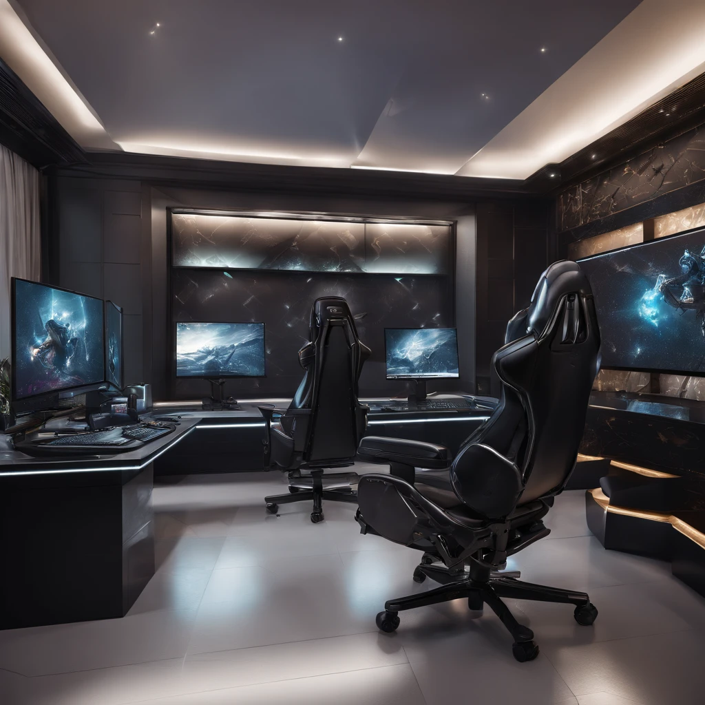 Gaming room, men sitting in gaming chair using computers full of codes, table full of gaming pcs, perfect lights, dark space, dream looking