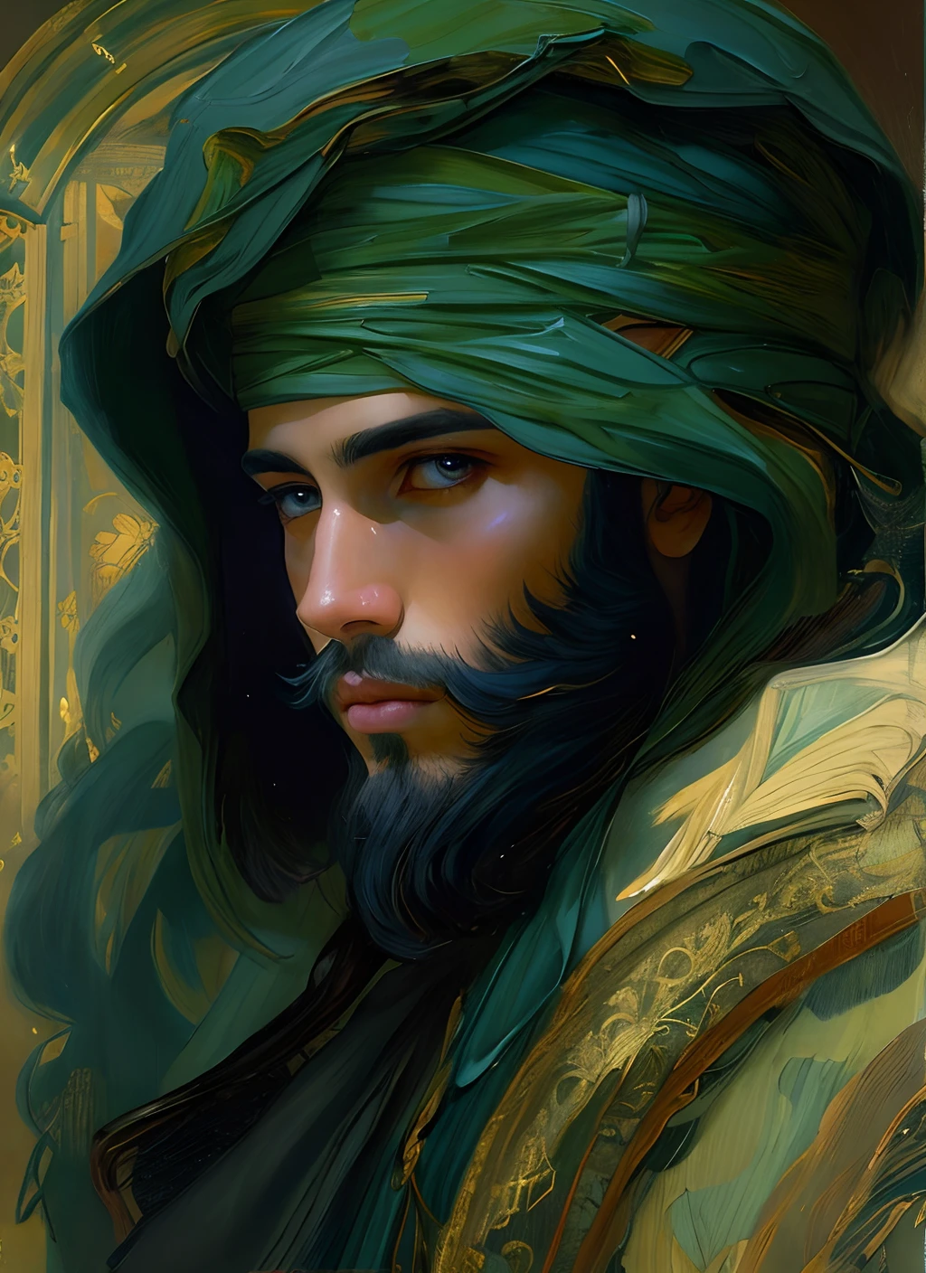 (((Pre-Raphaelite painting))), (arabic), (Young Arab 24 years old)Style: a man wearing black clothing with purple mask , alquimista,Modelshoot (simetria:1.1) ((Um Homem com barba preta))), (Estilo Assassin's Creed:0.8), , intrincado, elegante, altamente detalhada, Pintura digital, art-station, arte conceitual, Foco suave, ju, illustration, Arte de Greg Rutkowski e Alphonse Mucha, 8k