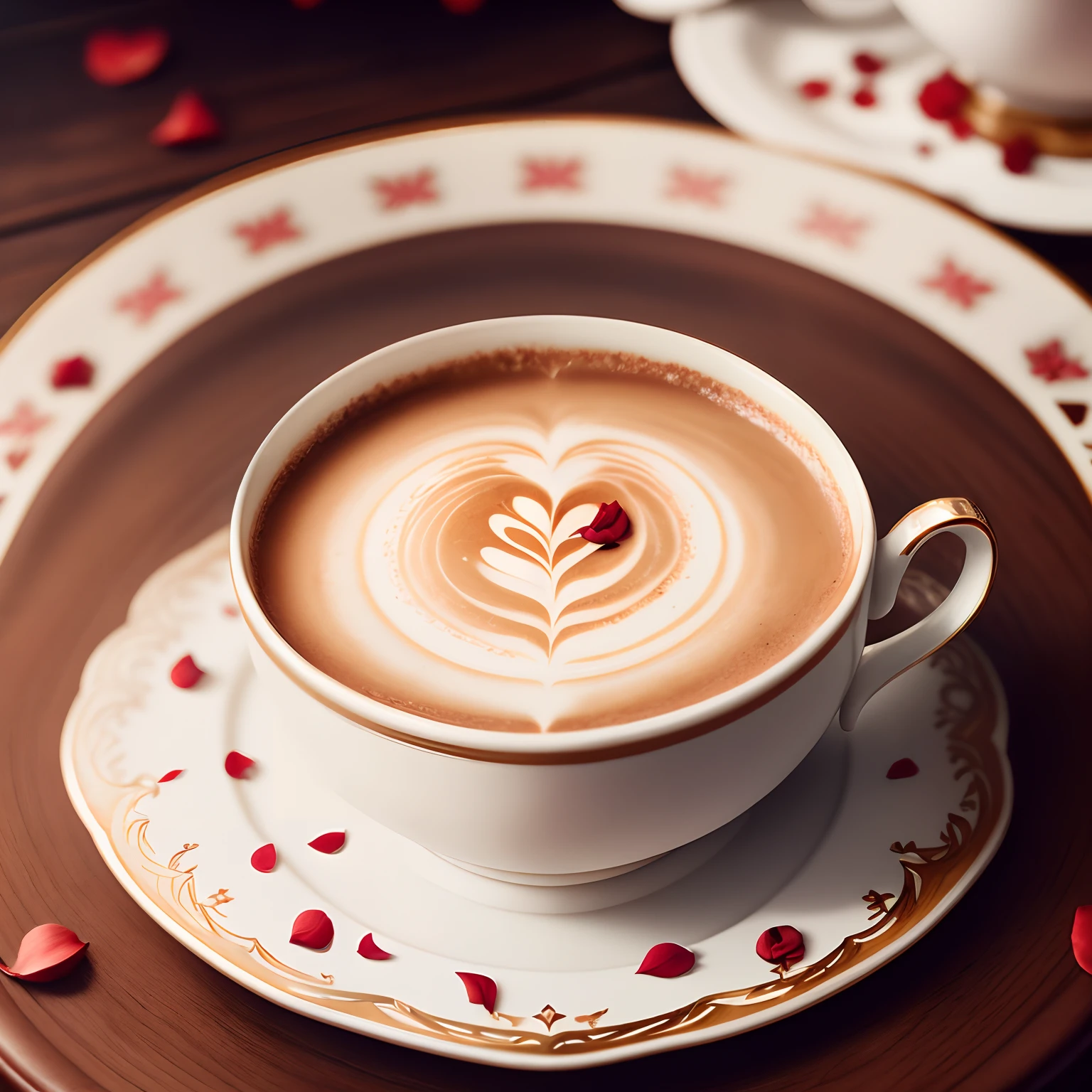 Cup off coffee in a royal albert cup, on a hardwood table, rose petals around it, dreamy look, masterpiece,