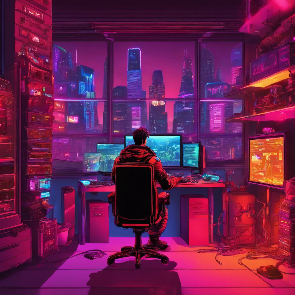 Gaming room, men sitting in gaming chair using computers full of codes, table full of gaming pcs, perfect lights, dark space, dream looking