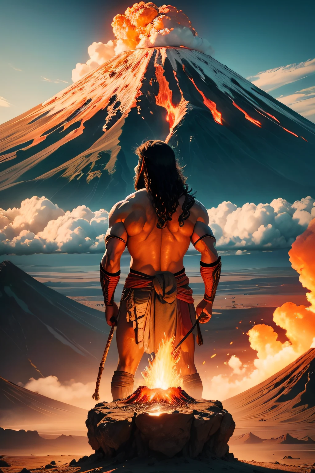 Prehistoric man watching an erupting volcano