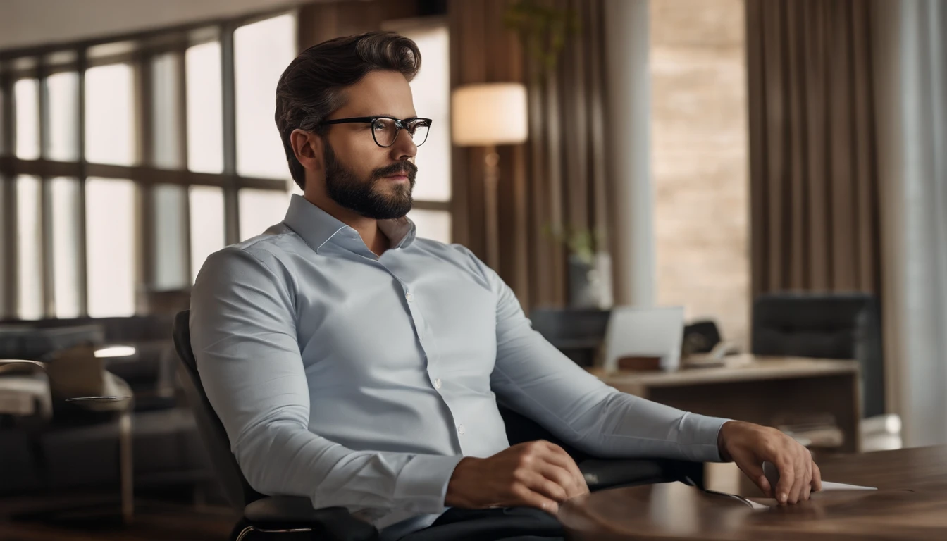 A psychologist in the office. jovem barbudo malhado definido e atraente sentado e olhando para frente serenamente,barba bem cuidada,serene facial expression,eyeglass,Bifocals,wise and experienced,poltrona de couro,Traje profissional,Professionalism and experience,tranquilo e sereno,compreensivo