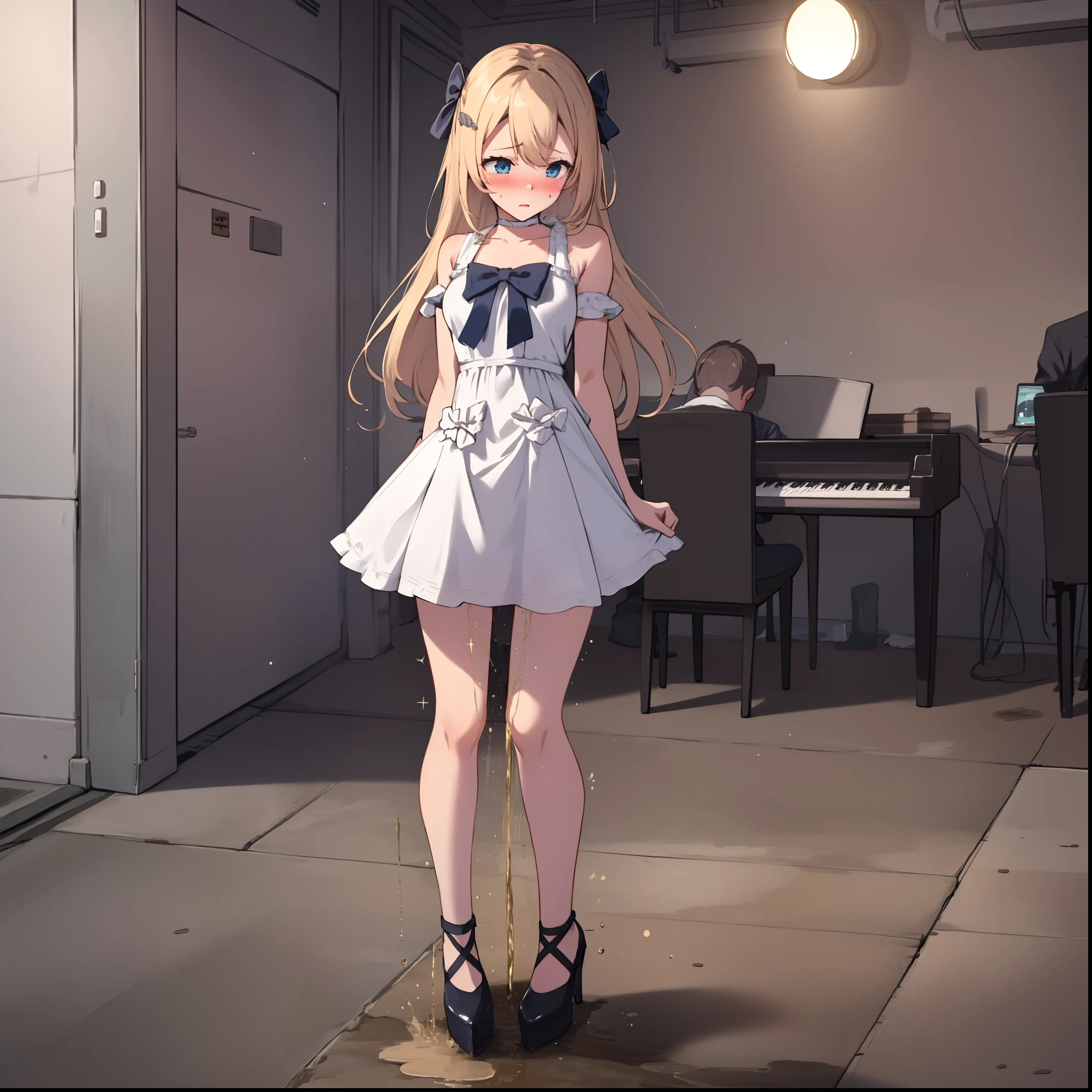multi view, full body, beautiful face, upskirt, Blonde playing acoustic guitar standing on stage in spotlight at busy concert, sexy white ruffled dress, pantyhose, stockings, high heels with bows, peeing self, have to pee, standing legs crossed, very desperate to pee, straining to hold in her pee, trying to hide puddle from the audience, trembling, worried, blushing, shy, puddle of urine around her feet, blue_eyes, humiliated, looking down, flushed, panicked, full face blush, blushing, shy, terrified,