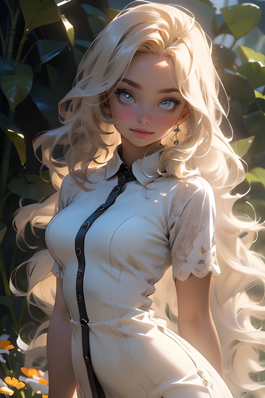 Melancholy lighting, Take it easy, calm, shine, masterpiece, best quality, 1 girl, (JinxLol: 1.2), (ultra photorealistic: 1.3), (masterpiece: 1.4), best quality, ((realistic)), high quality, Ultra Detailed, ((real image)), ((realistic skin)), ((realistic face)), (illustration: 1.05), (beautiful: 1.05), (beautiful detailed eyes: 1.05), (cinematic light: 1.1), full body, accurate proportions, 25-year old girl, CURVY model (wearing fully buttoned dress covering her chest and neck:1.5), waves, BLOND hair fluttering in the wind, long legs, slightly open feet, butt, blushing, shyness, clavicle, abs, double texture, beautiful and delicate face, fair skin, real skin, (face detail), couples, super high res, 8k, parameters Best quality, masterpiece, super high res, (Realistic 2.0), more details, detailed skin, wide smile, white teeth, VOLUMINOUS GINGER BLONDIE hair, perfect and well-drawn eyes, girlfriend, cute, pretty, studio illumination, (((PERFECT EVEN EYES:1.1)))
