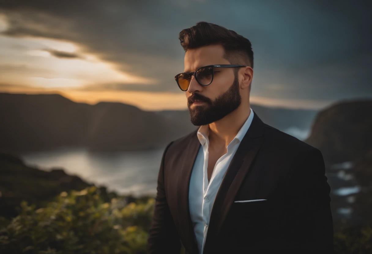 a psychologist. jovem barbudo malhado definido e atraente sentado e olhando para frente serenamente,barba bem cuidada,serene facial expression,eyeglass,Traje profissional,tranquilo e sereno,compreensivo