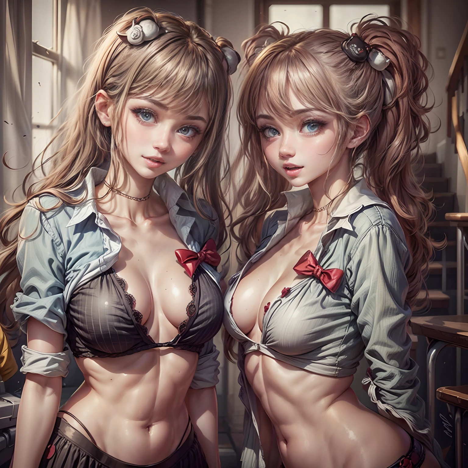 (2young girls:1.3), Supreme cuteness, Super beautiful detailed face, Highest Quality, Highest image quality, Top resolution, RAW Photos, Realistic, Photorealsitic, ultra detailed and beautiful, highest details, Beautiful fair skin and luster, Beautiful big eyes, Gloss on lips, Straight hair blown by the wind, Slender body, (Beautiful breasts:1.3), Open mouth slightly, Cute smile, (High school uniform with wide open chest:1.4), (Exposing your chest:1.3), portrait of cute girl, indoors, school stairs,