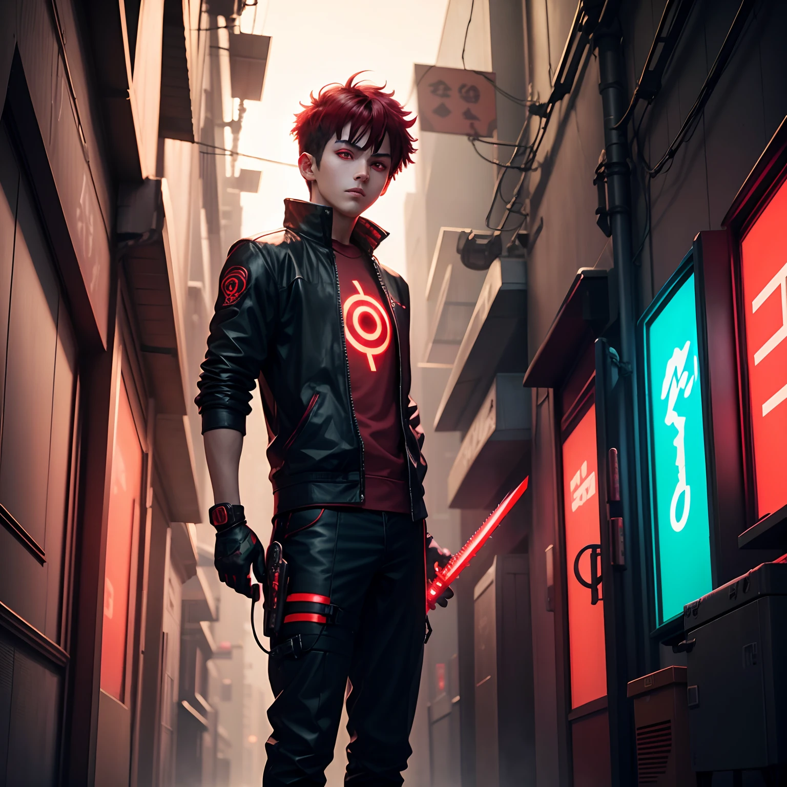 Anime boy with red glowing eyes holding red glowing eyes holding red glowing cyber katana in Cyberpunk city