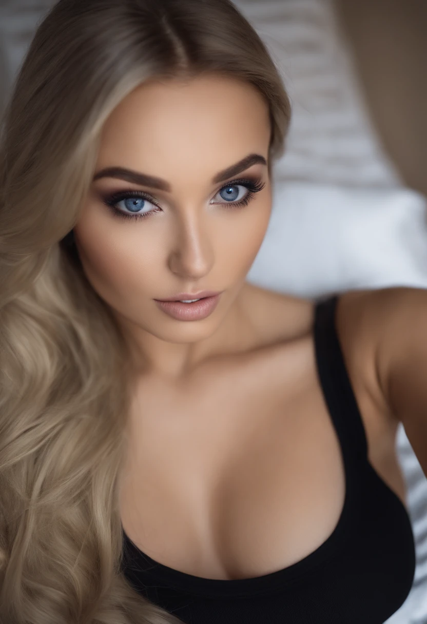 Woman with matching tank top and panties, Sexy girl with blue eyes, portrait sophie mudd, portrait corinna kopf, blonde hair and large eyes, Selfie einer jungen Frau, Augen im club Violet Myers, ohne Make-up, Natural makeup, Blick direkt in die Kamera, Gesicht mit Artgram, dezentes Make-up, Stunning full body shot, im Schlafzimmer, Spaltung