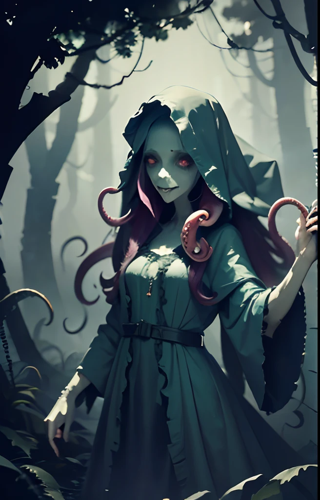 Creepy Girl, wrapped in cloth and rags, she walks through the swamp like a ghost. She has long purple hair, A lot of hands, eyes full of hatred, wicked smile. Long tentacles are visible from under her dress. She is a complete monster and no one can stop this horror. The swamp is immersed in fog and haze, and the girl hides in the fog to strangle and devour the next victim; The girl's eyes are clear, Red, Expressive, they radiate hatred. High-quality photo, foto realista, 8k, Cinematic quality