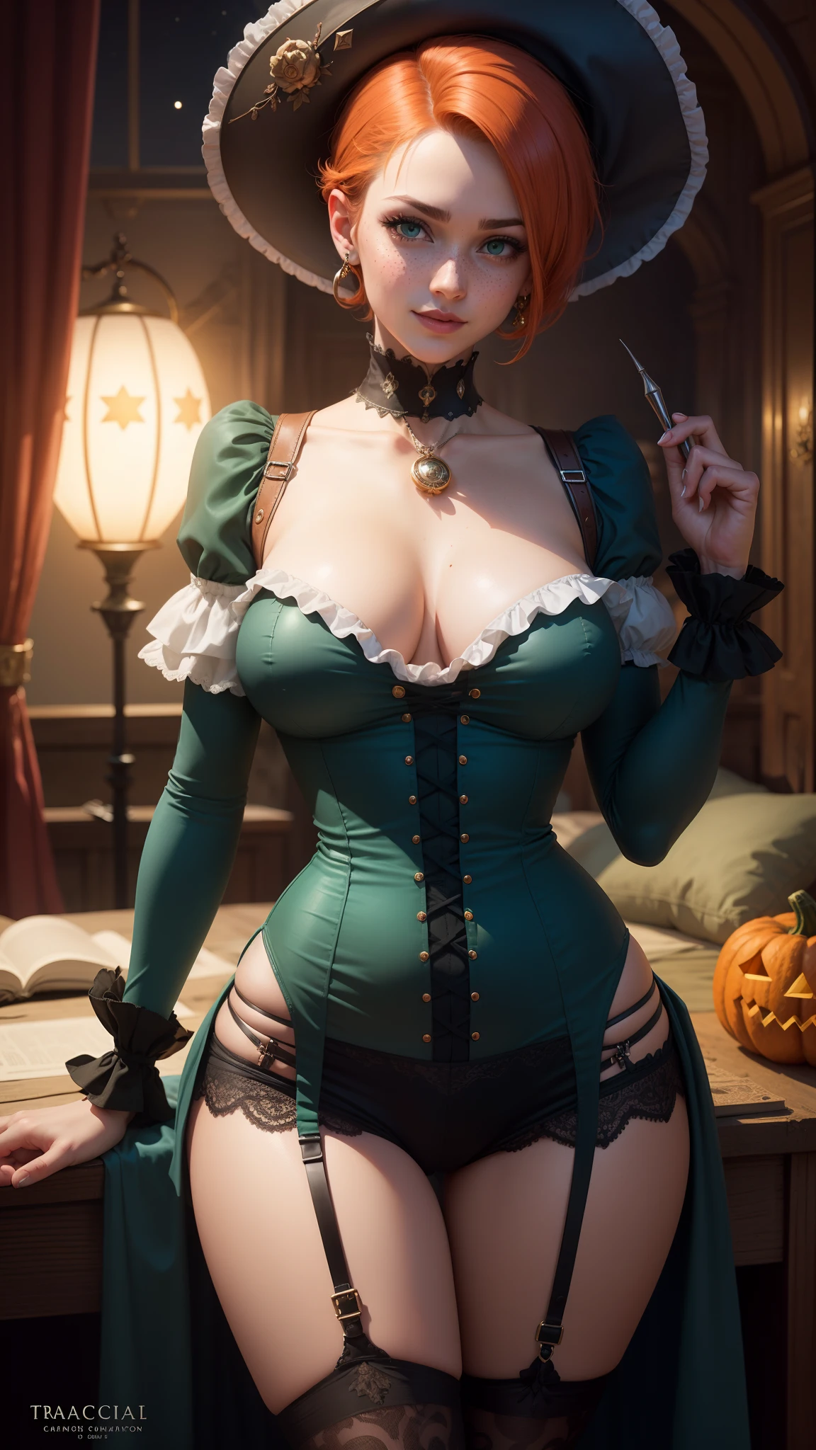 gwen tennyson,tracer,bulma,rebecca chambers,close up,dragon's crown, magic spell,magic wand,1girl,purple jumpsuit,moonlight,victorian steampunk skirt,pirate corset,jade neck jewelry,blue witch hat,short hair,star earrings,night gown,garter belt,pumpkin village,witch castle,dark makeup,green eyes,orange hair,shy smile,freckles,redhead,beautiful girl,large breasts,ultra detailed,realistic, fantasy art,long tight shorts,