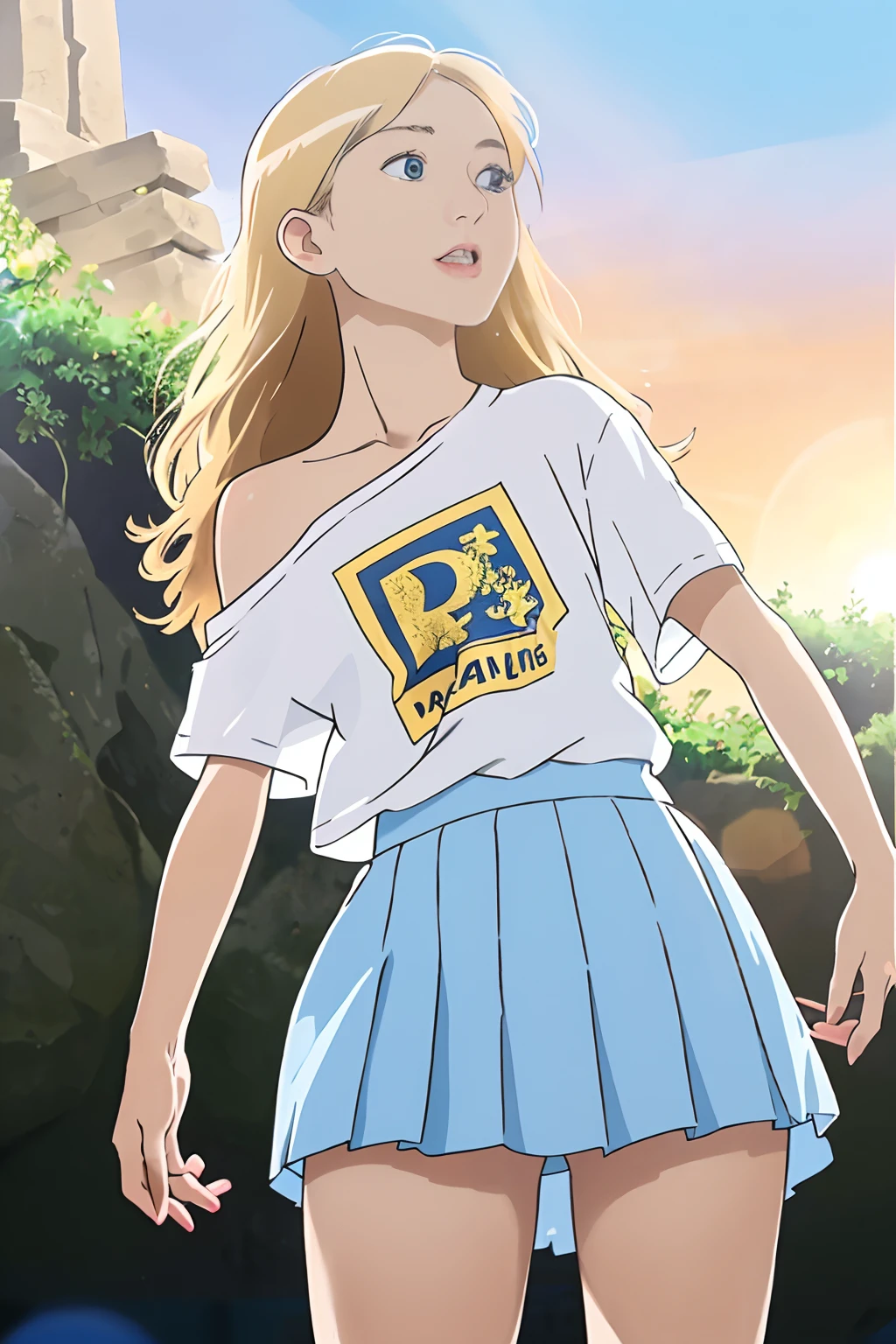 ((European pre-)), beautiful girl, Light blue eyes, T-shirt with exposed shoulder, Tiny pleated skirt, no panties, close-up from thighs to face, shot from below, very fair skin, very long hair, wavy hair , blonde hair, ancient temple, sunrise, photorealistic, Indirect lighting, volumetric light, ray tracing, hyper-detailed, best quality, ultra-high resolution, HDR, 8k