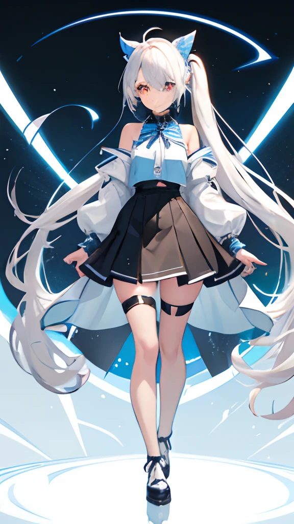 Virtual girl live on station B,standing on your feet,facing at camera,ssmile,White stockings,The whole body enters the frame,Exceptionally long white hair with double ponytail,A hair that grows on the top of the head,Girls are juvenile,Golden eye pupils,Golden eye pupils,Golden eye pupils,There is a light blue circle hollow hairpin on the right side of the head,no breast,flatchest,Blue and white coat,White shirt,Blue and white coat,Blue butterfly rope,black short skirt,black short skirt,black short skirt,White silk socks,Black boots, live2d virtual youtuber model,
