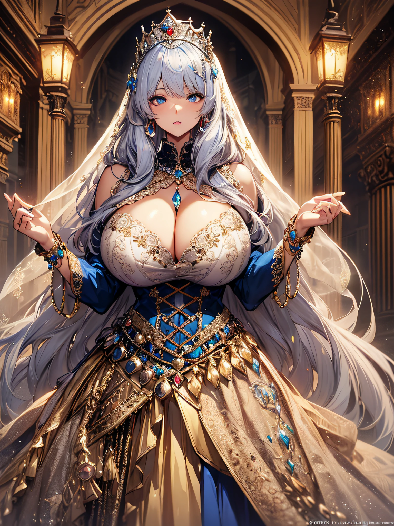 ((anime artstyle)),(Masterpiece),(Best Quality), (Super Detail),((Very Delicate and Beautiful)),cinematic lighting,1 lady,((full body portrait)),((solo)),digital art,(((1 princess in beautiful embroidery and jeweled extremely gorgeous princess rococo ballgown with voluminous full length hoop skirt))),crinoline,long train,((beautiful embroidery and jeweled)),voluminous frills,See-through,(gorgeous embroidery and beautiful lace),(((gigantic tits,skindentation,gigantic cleavage breasts))),cleavage,((large amount of straight hair,extremely voluminous Hair,Very Long Straight Hair)),((finely detailed face and eyes)),clear pupil,extremely gorgeousfull hair ornament,(bling-bling jeweled extremely gorgeousfull tiara),(bling-bling gorgeous gemstone jewelry),long veil,(beautiful background),(full body),((beautiful embroidery and jeweled extremely gorgeous princess rococo ballgown with voluminous full length hoop skirt))