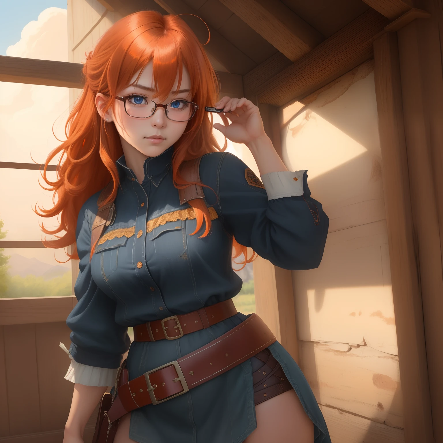 8k, masterpiece, best quality, realistic, higly detailed, cowboy shot, 1girl, solo, itsuki, serious looking girl, medium-length hair, expressive ahoge, reddish-orange hair, a pair of star-shaped hairpins near both of her eyes, dark blue eyes, average height, well-endowed figure, glasses, cute