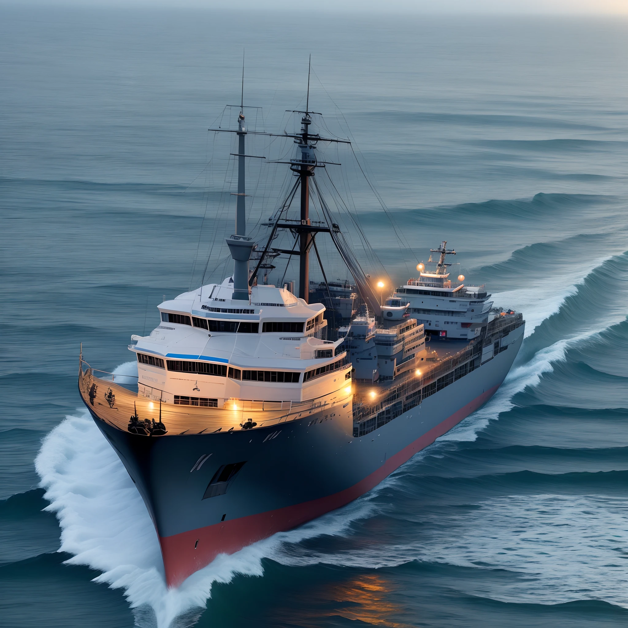 Oceano noturno com um navio cargueiro em chamas