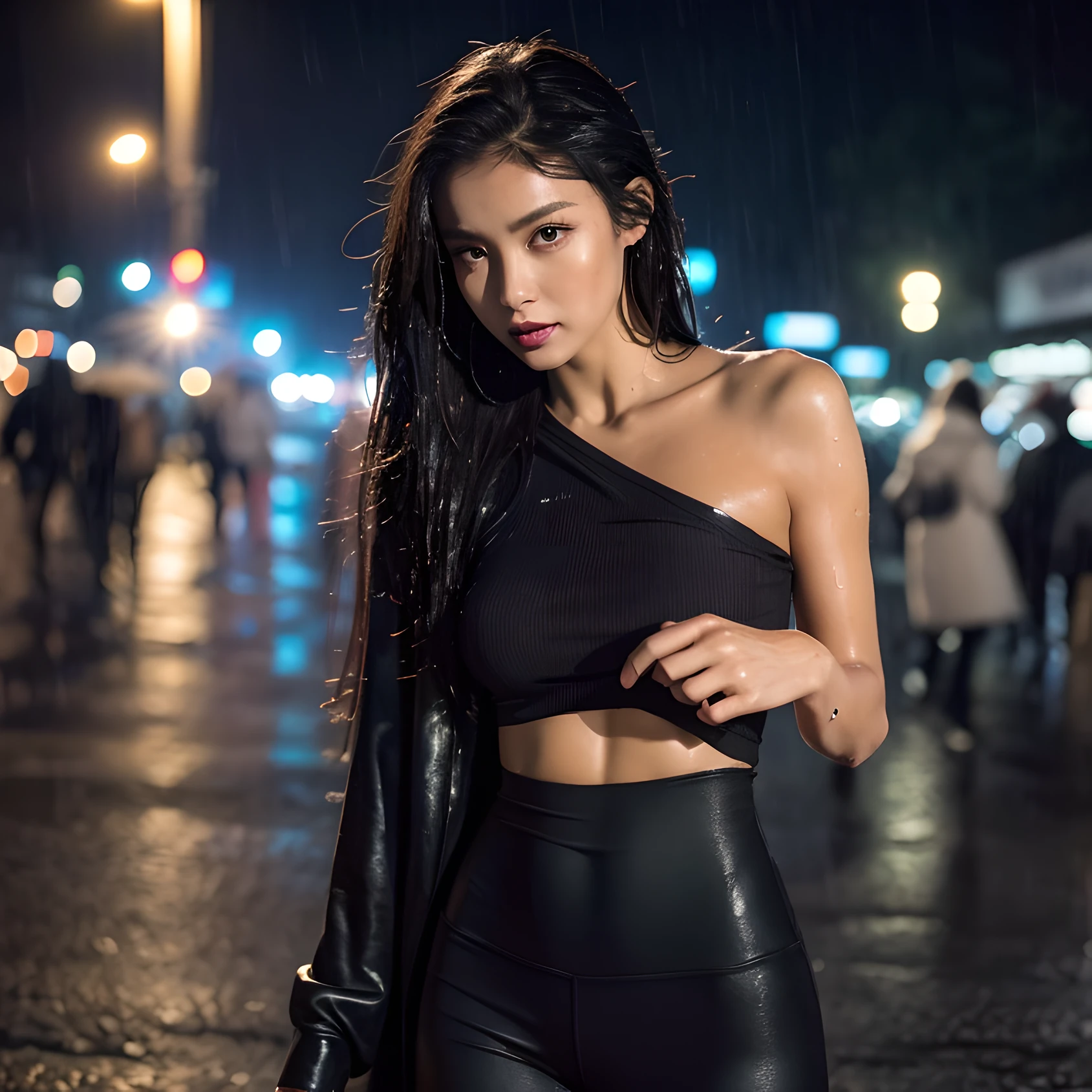 âA close-up shot of a tanned girl with very long legs, long black hair, skinny body, narrow waist, (abs:0.7), in public at a German City ((at night in the pouring rain)) with spandex leggings and crop top (smokey dark eyes and lipstick ) with a pensive expression, wearing a dark, off-the-shoulder dress and a single, statement piece of jewelry, The background should be out of focus and feature soft, warm tonesâ (soaking wet) (wet hair, wet body, wet clothes)