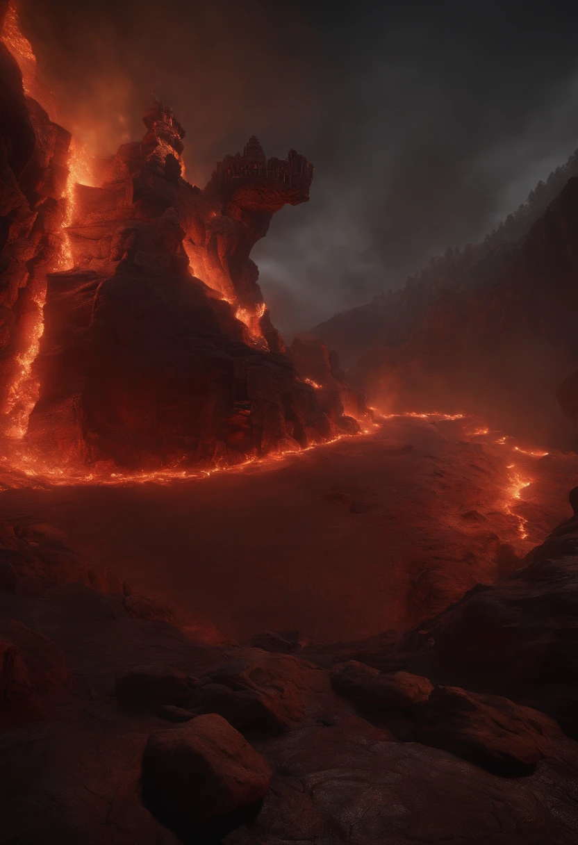 a path to the paths of hell where, where purgatory full of pure sinners can be seen in the distance who are being chanted by many demons, in fire and spears, high detail, photorealistic, 4k high details, render unreal