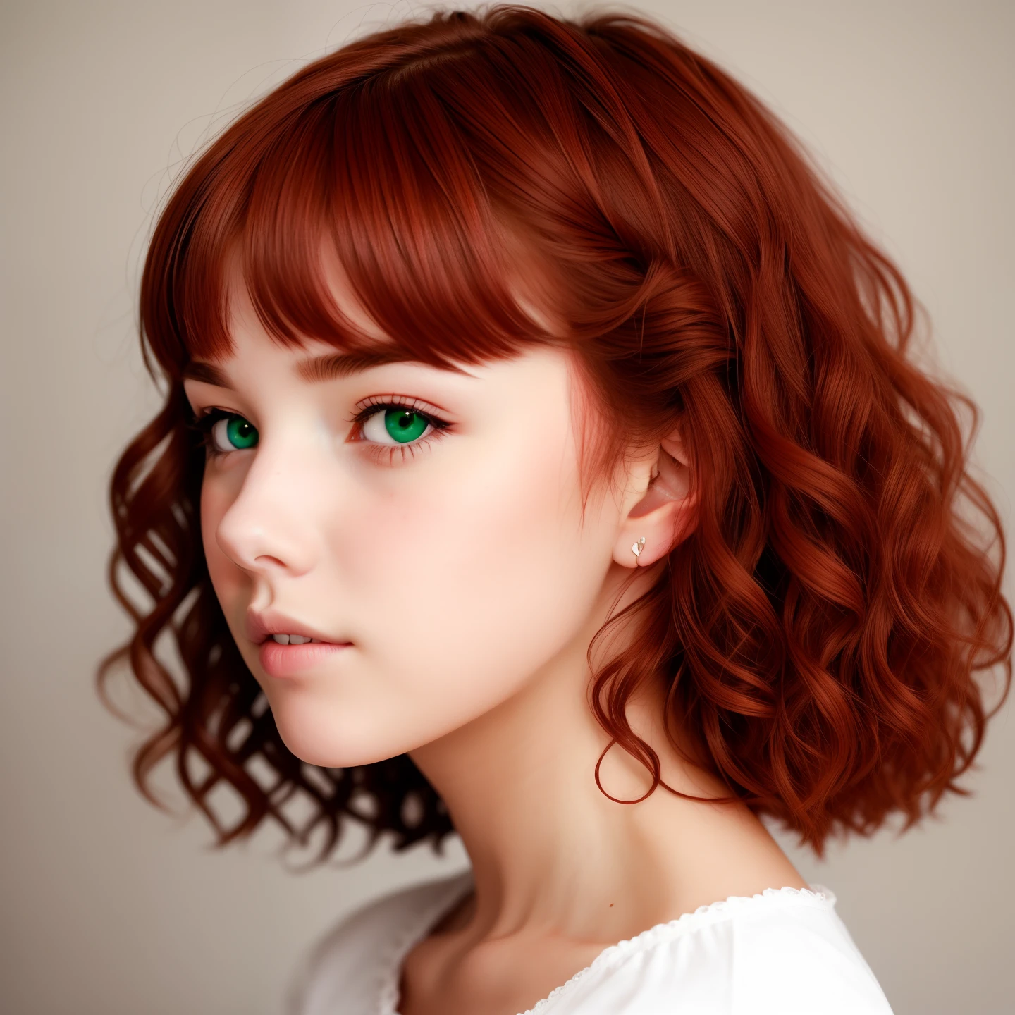 Red-haired girl with curly hair kare, green eyes, and cheeks, and a sharp nose