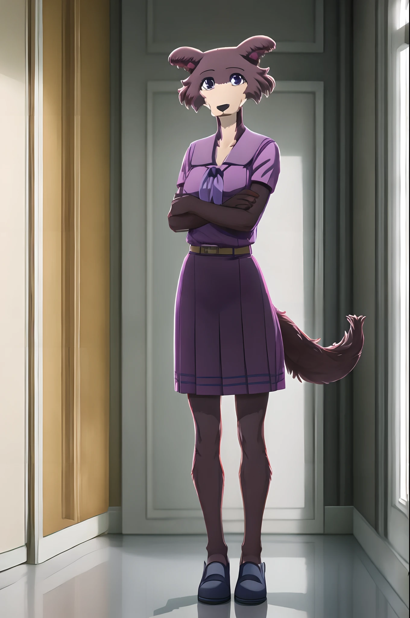 Juno, standing in a room, smiling