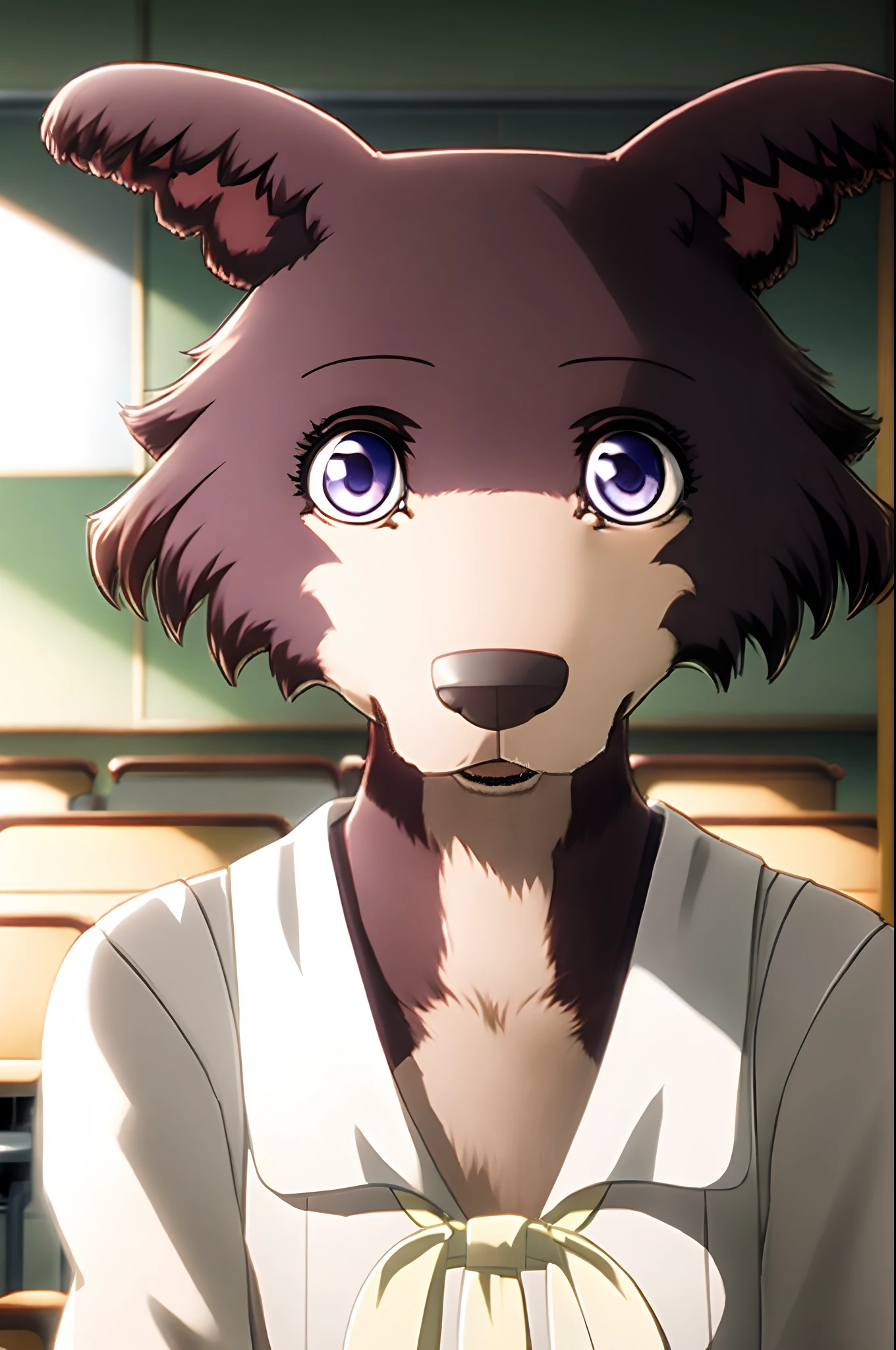 Juno, standing in a japanese classroom, smiling, close up, portrait,